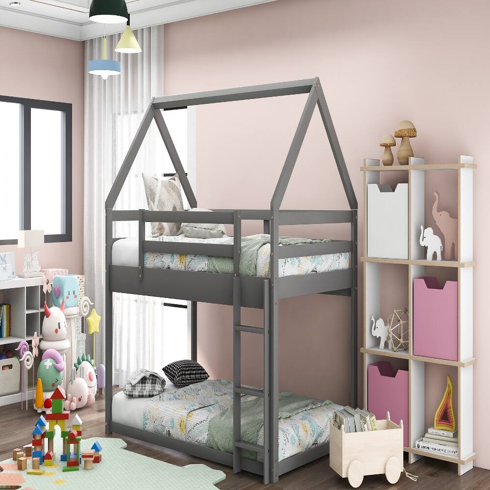 Back. Loheer - Loheer Twin Over Twin Bunk Bed Low Profile House Bed Frame Gray - Gray.
