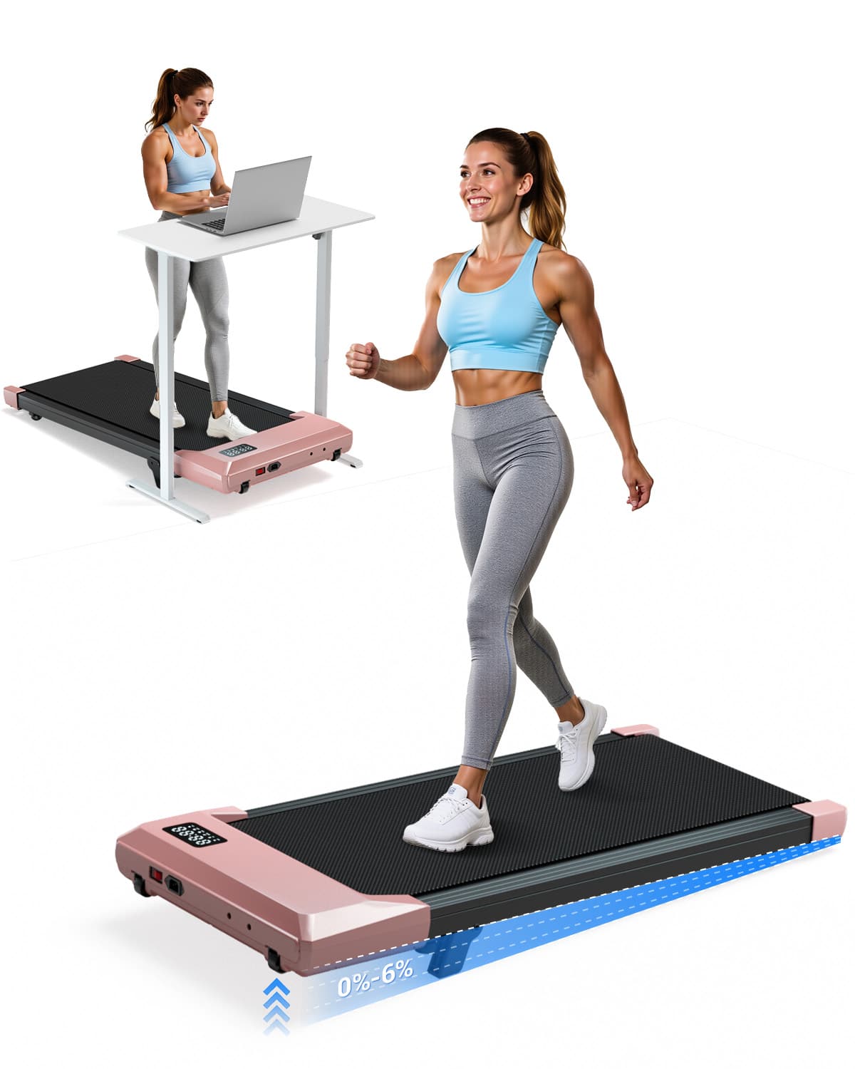 Superun - 6% 3 in 1 Portable Treadmill with LED Display Incline Walking Pad, Under Desk Treadmill, 300 Lbs Capacity - Gold