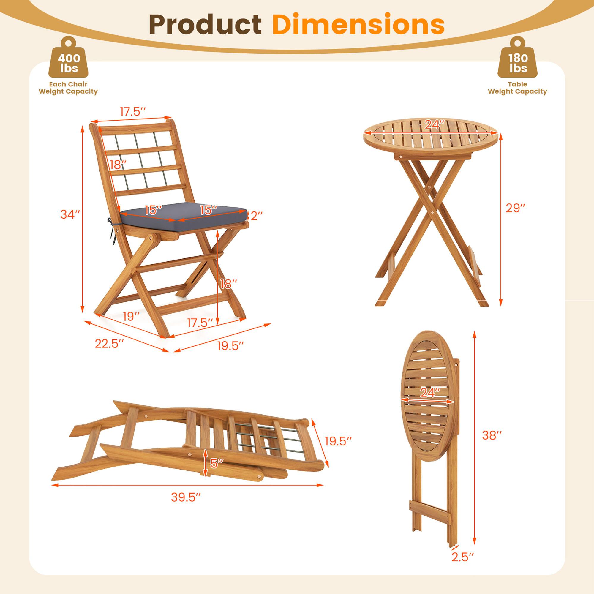 Product Dimensions:
- Chair: 400 lbs weight capacity, 180 lbs each chair weight
- Table: 17.5" height, 24" width, 18" depth
- Table: 15" height, 15" width, 15" depth
- Table: 2" height, 29" width, 18" depth
- Table: 19" height, 18" width, 19" depth
- Table: 17.5" height, 22.5" width, 19.5" depth
- Table: 2.5" height, 39.5" width, 19.5" depth

Note: The text on the image is grouped and corrected to provide accurate information about the product dimensions.