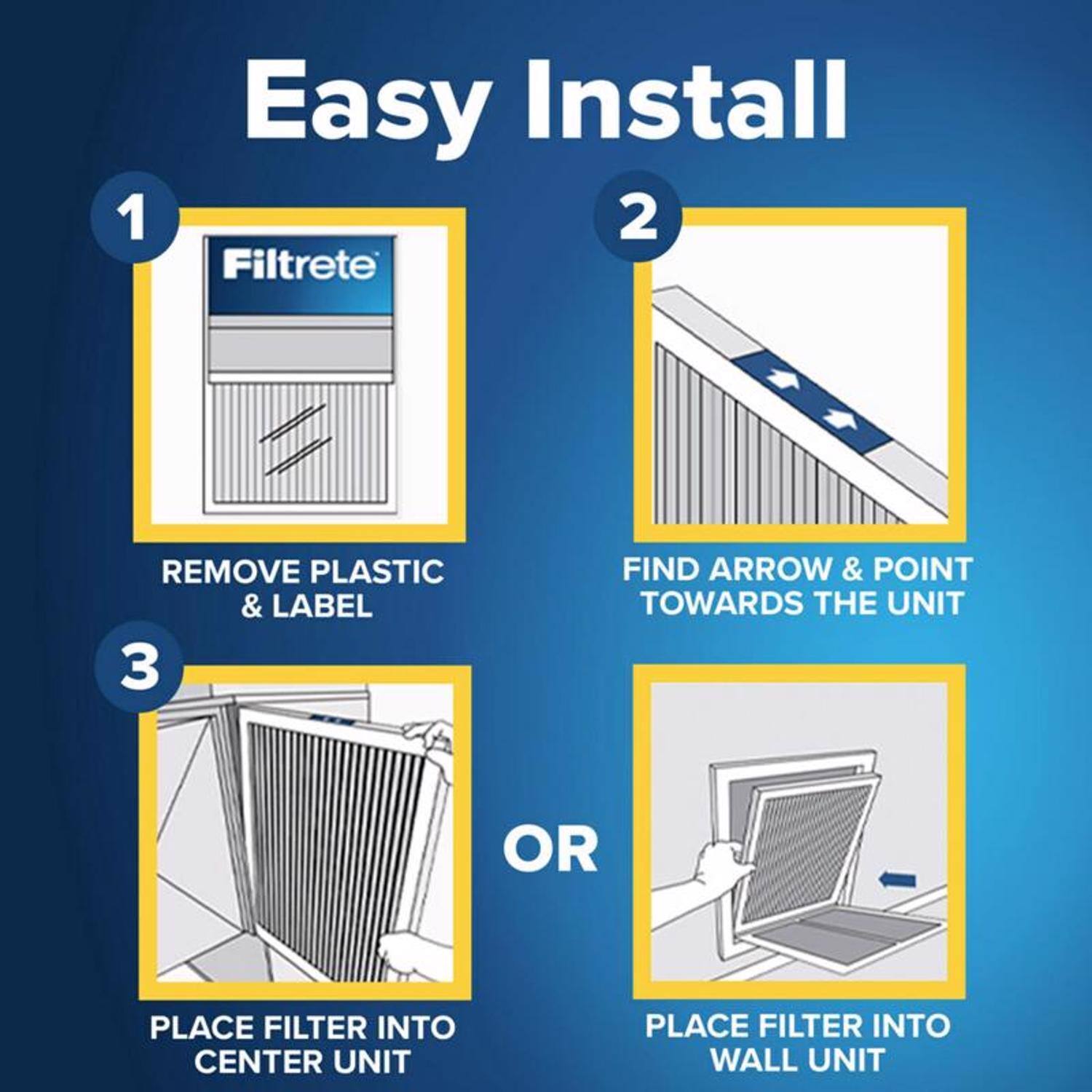 1. Easy Install  
2. Filtrete  
   REMOVE PLASTIC & LABEL  
3. FIND ARROW & POINT TOWARDS THE UNIT  
   OR  
   PLACE FILTER INTO CENTER UNIT  
   OR  
   PLACE FILTER INTO WALL UNIT