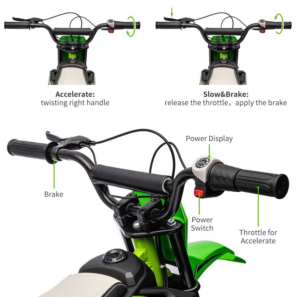 - Accelerate: twisting right handle
- Slow&Brake: release the throttle, apply the brake
- Power Display
- Brake
- Power Switch
- Throttle for Accelerate