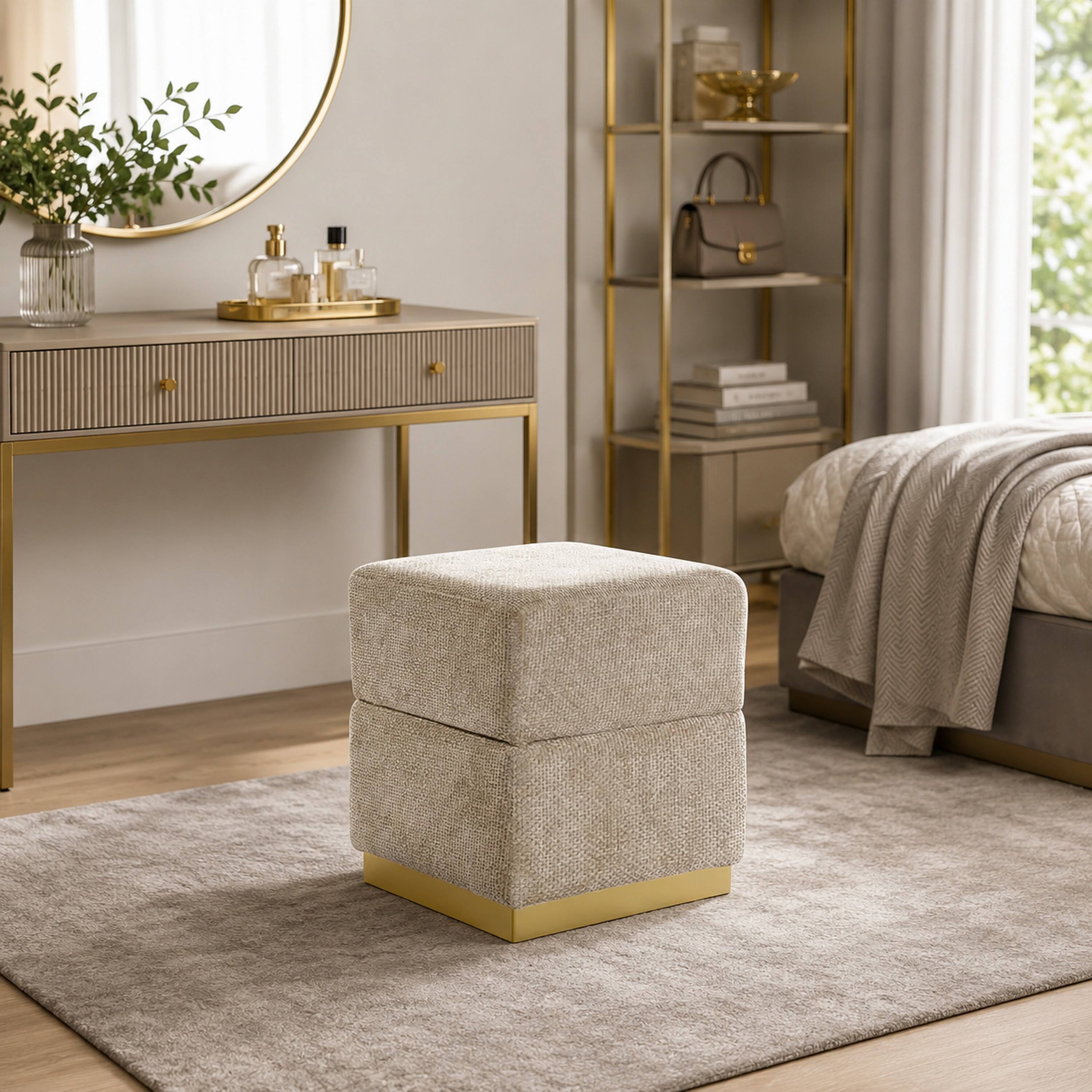 Alt View 5. Manhattan Lane - Kris Ottoman Stool with Hidden Storage,  Base,   Chenille - Silver Gray, Gold.