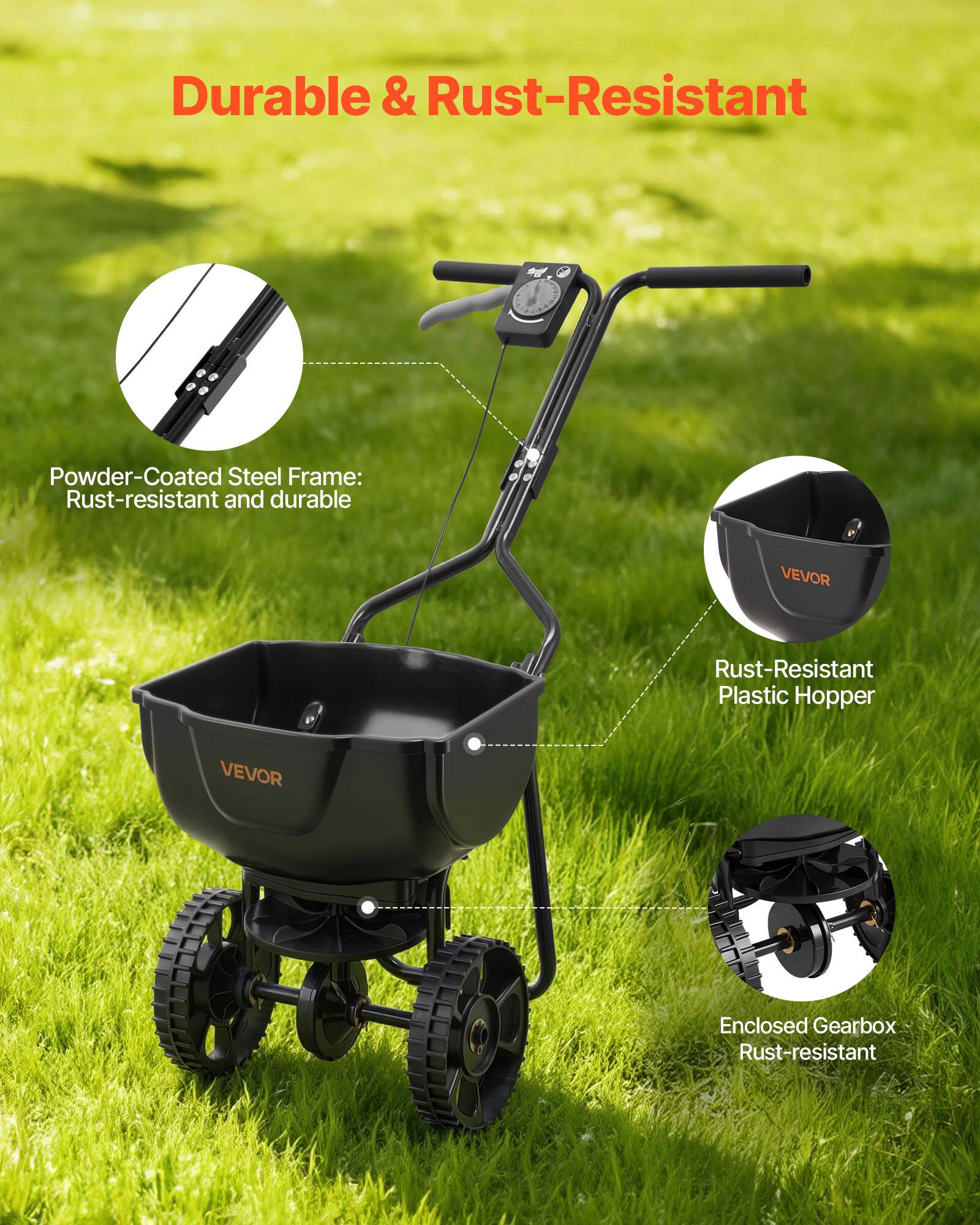 Durable & Rust-Resistant

- Powder-Coated Steel Frame: Rust-resistant and durable
- Rust-Resistant Plastic Hopper
- Enclosed Gearbox: Rust-resistant