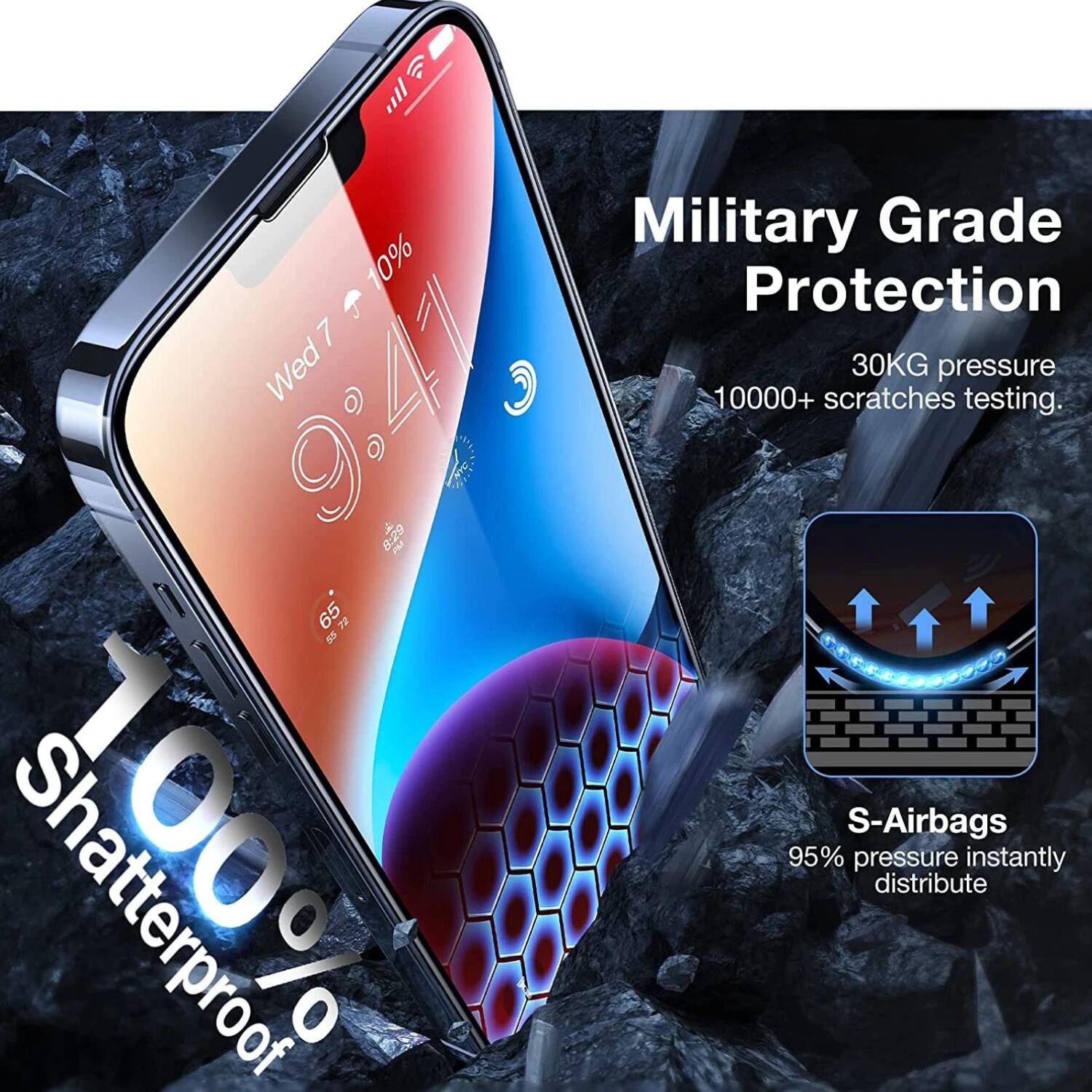 Military Grade Protection  
30KG pressure  
10000+ scratches testing.  

100% Shatterproof  

S-Airbags  
95% pressure instantly distribute