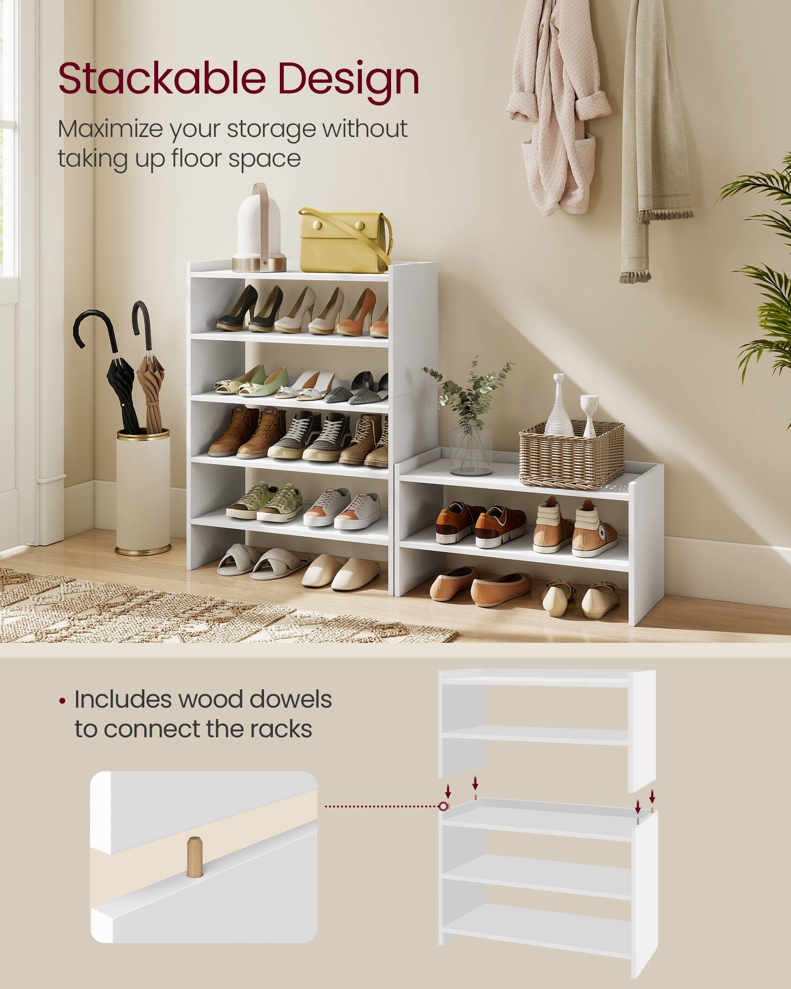 Stackable Design  
Maximize your storage without taking up floor space  

Includes wood dowels to connect the racks