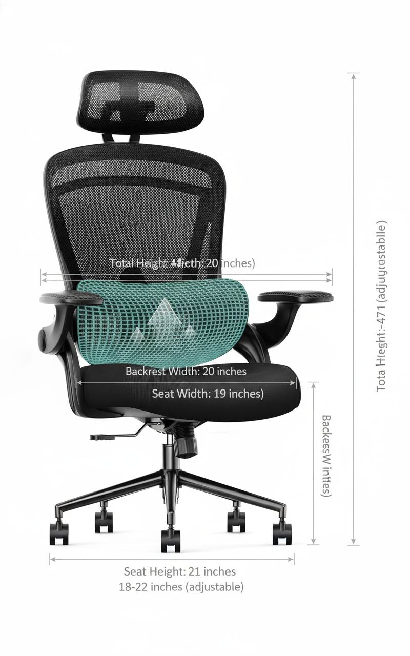 Total Height: 44 inches (adjustable)  
Backrest Width: 20 inches  
Seat Width: 19 inches  
Seat Height: 21 inches (adjustable)  
18-22 inches (adjustable)