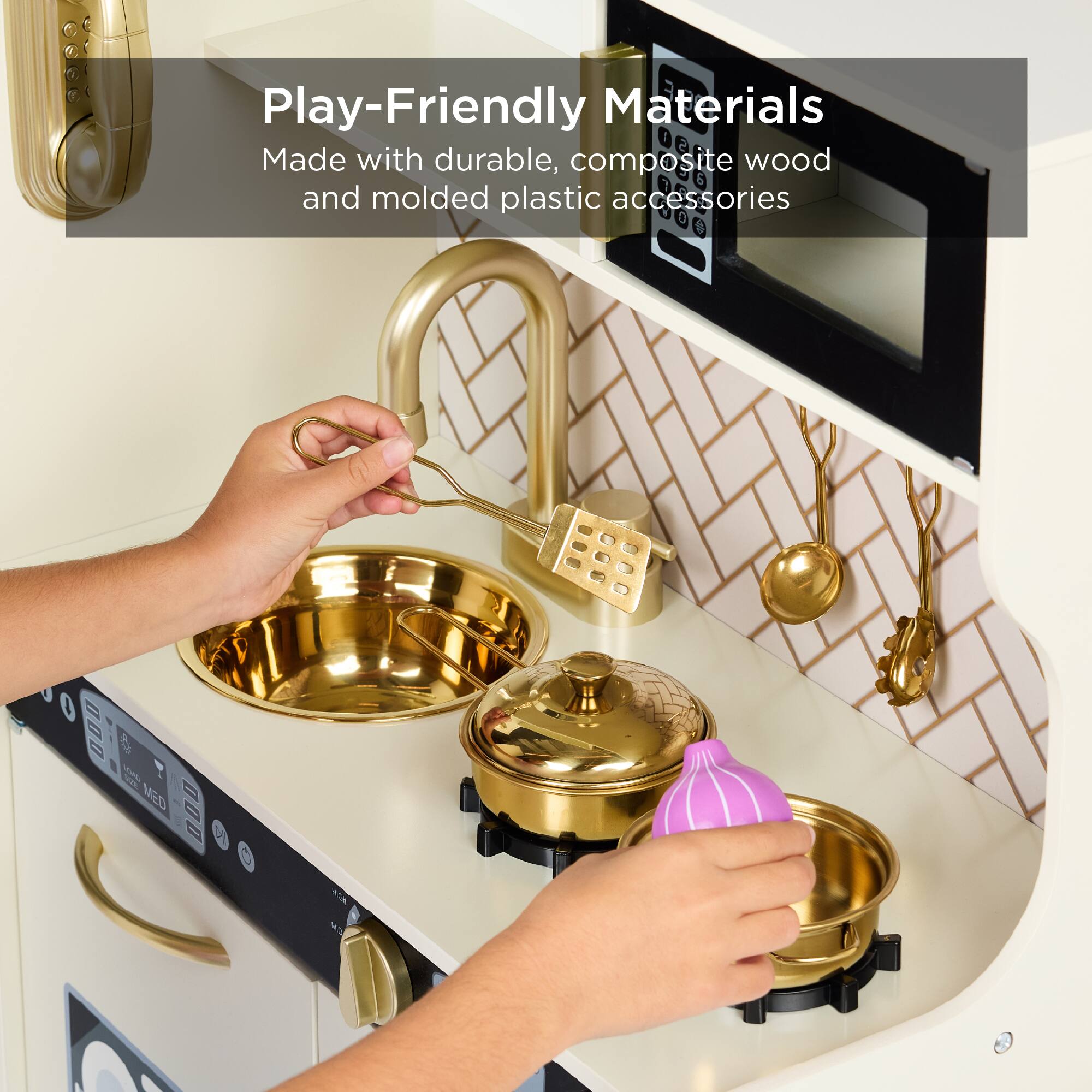 Play-Friendly Materials  
Made with durable, composite wood and molded plastic accessories