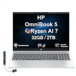 HP - Upgraded - OmniBook 5 Laptop 16.0 WUXGA (AMD Ryzen AI 7 350, 32GB LPDDR5X, 2TB PCIe SSD, Win 11 Pro) w/USB Hub - Glacier Silver