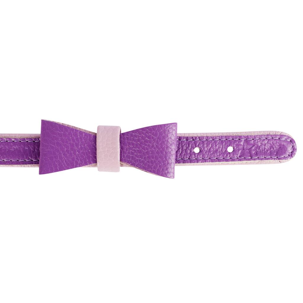 Angle. PoisePup - Cute Handmade Genuine Soft Full Grain Leather Dog Bow Tie - Purple | Lilac.