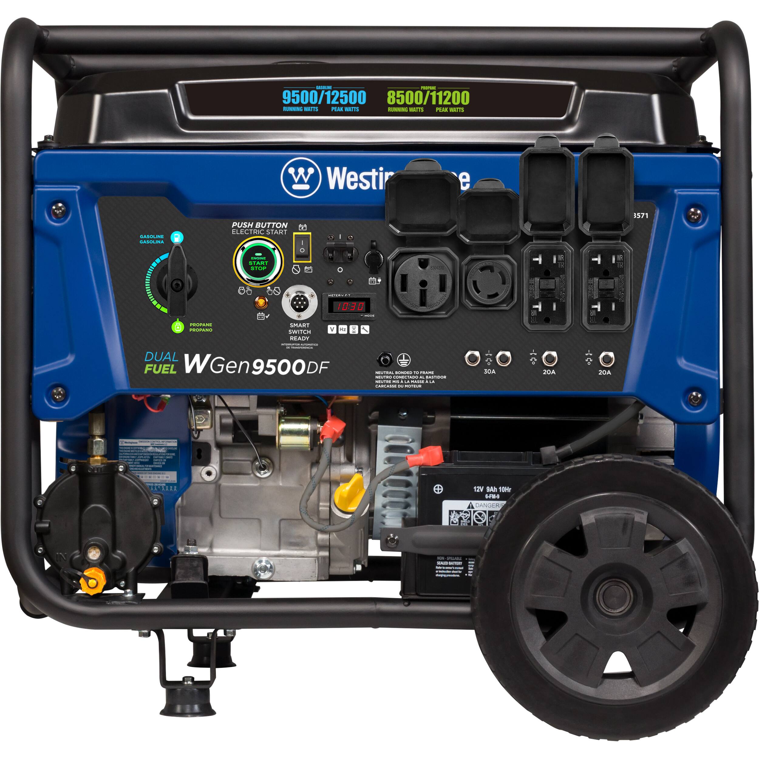 - 9500/12500 8500/11200
- RUNNING WATTS / PEAK WATTS
- SA/TI PLAR WT
- ATTS PEAR SAITS
- Westinghouse
- PUSH BUTTON ELECTRIC START
- DUAL FUEL
- WGen9500DF
- 30A
- 20A
- 20A
- 12V 100Ah
- LIBS CANER