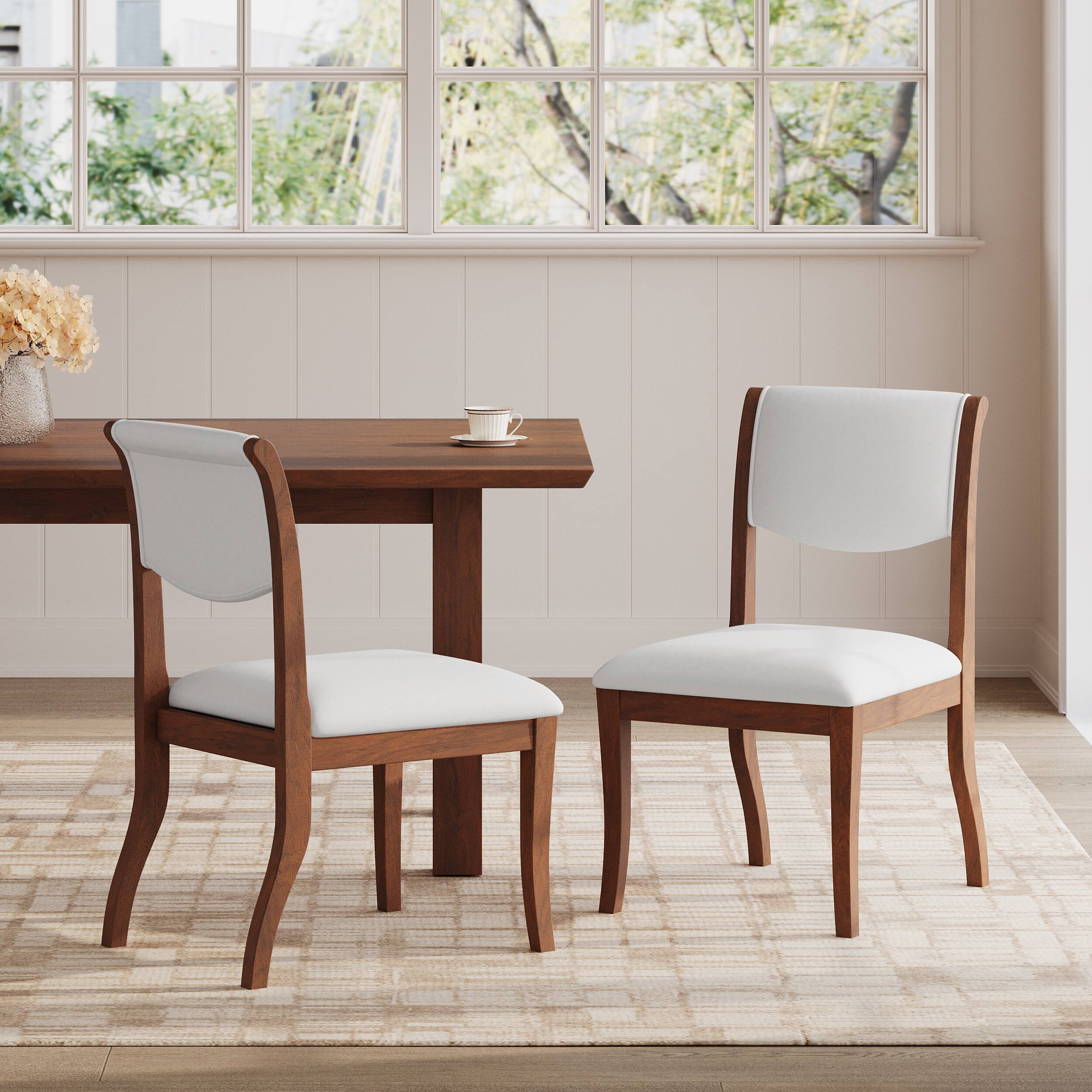 Angle. TinyHomie - Dining Table Set 39.4in Round Table 2 Chairs Traditional Solid Wood Kitchen Set with Inlaid Tabletop Elegant Curved Legs - White and Walnut.