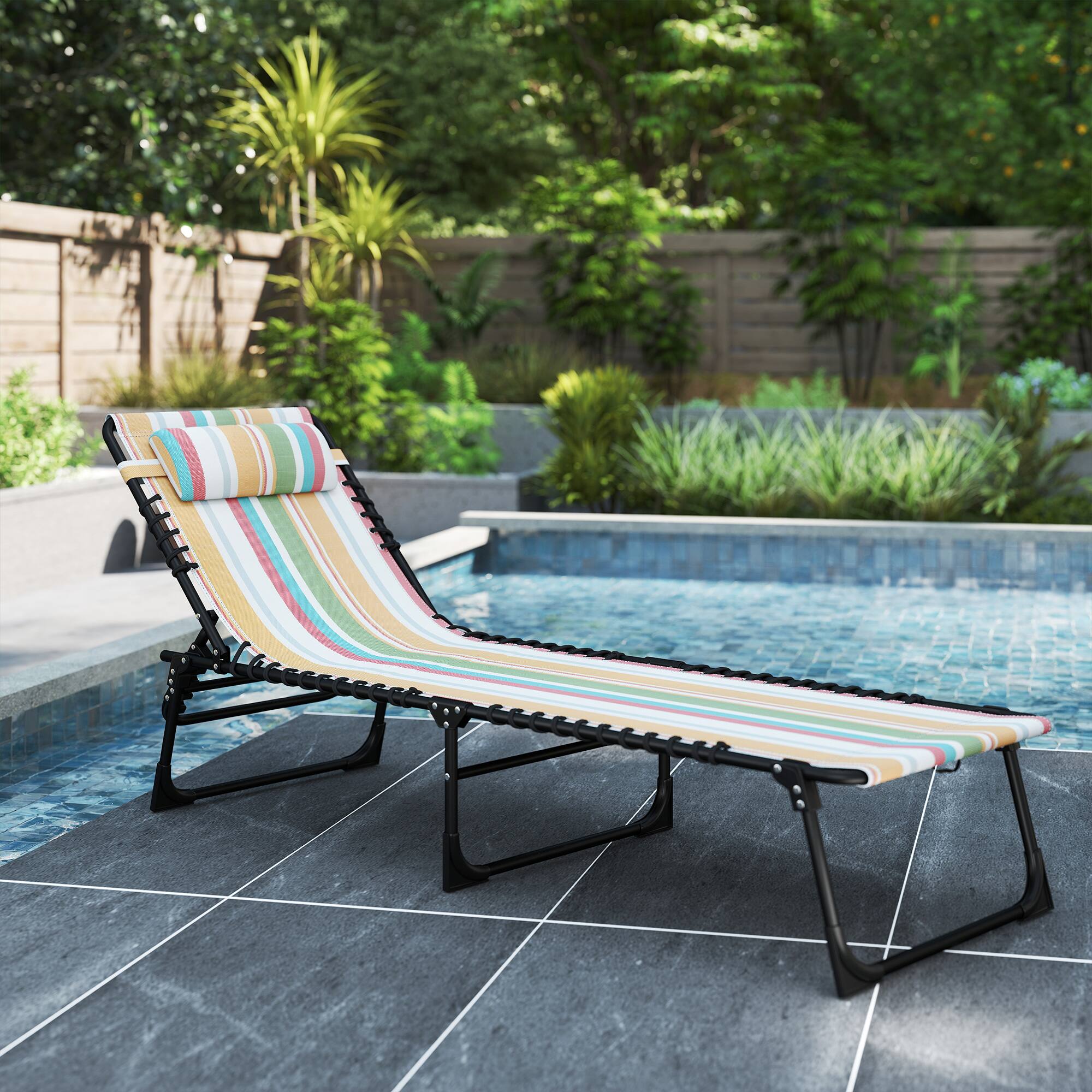 Alt View 1. Outsunny - Chaise Lounge Pool Chair with 4-Position Reclining Back, Pillow, Breathable Mesh & Bungee Seat - Colored.