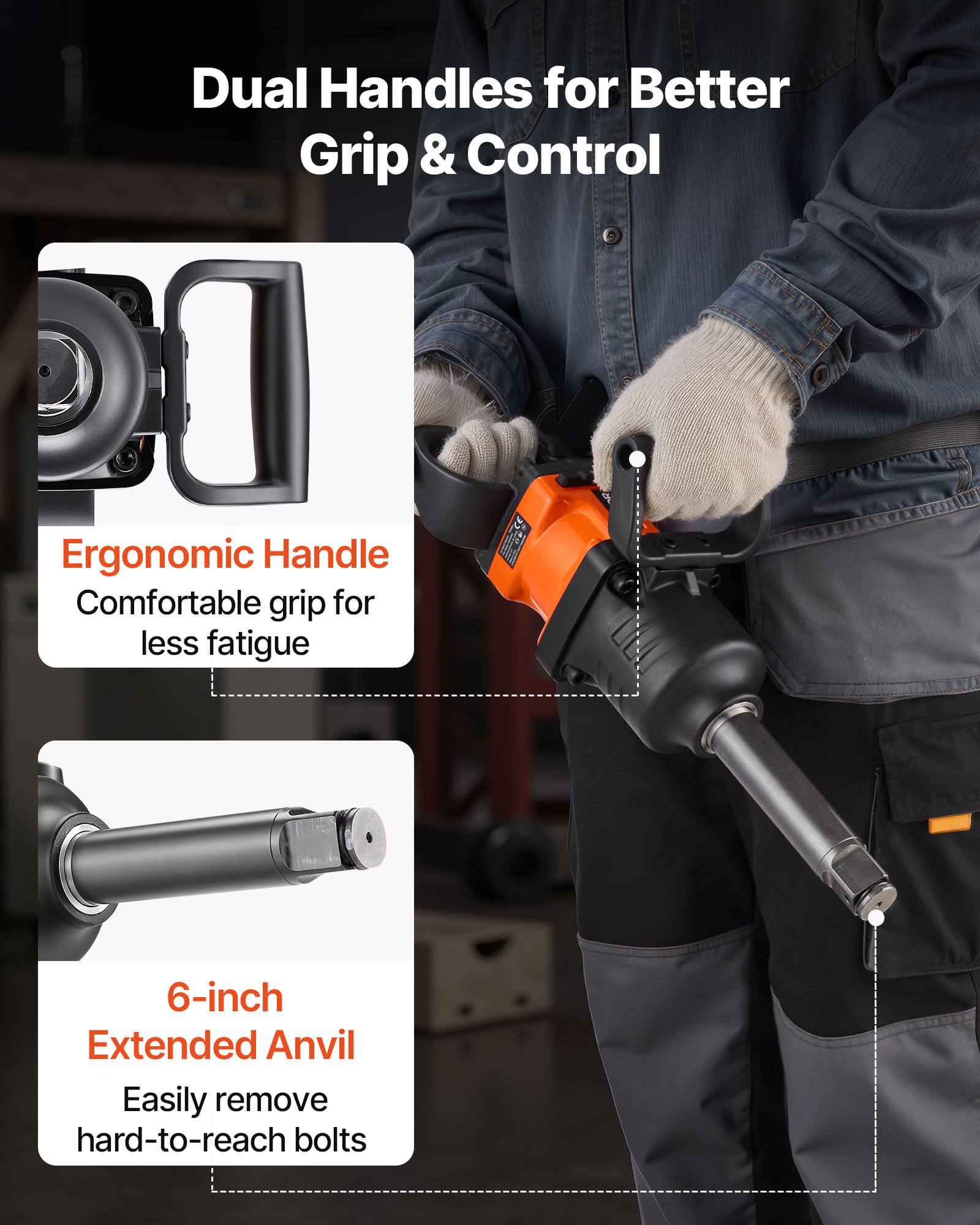 Dual Handles for Better Grip & Control

Ergonomic Handle
Comfortable grip for less fatigue

6-inch Extended Anvil
Easily remove hard-to-reach bolts