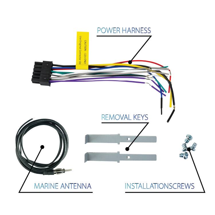 Use Original On Connector

CAUTION -12V ONLY

POWER HARNESS

REMOVAL KEYS

MARINE ANTENNA

INSTALLATION SCREWS
