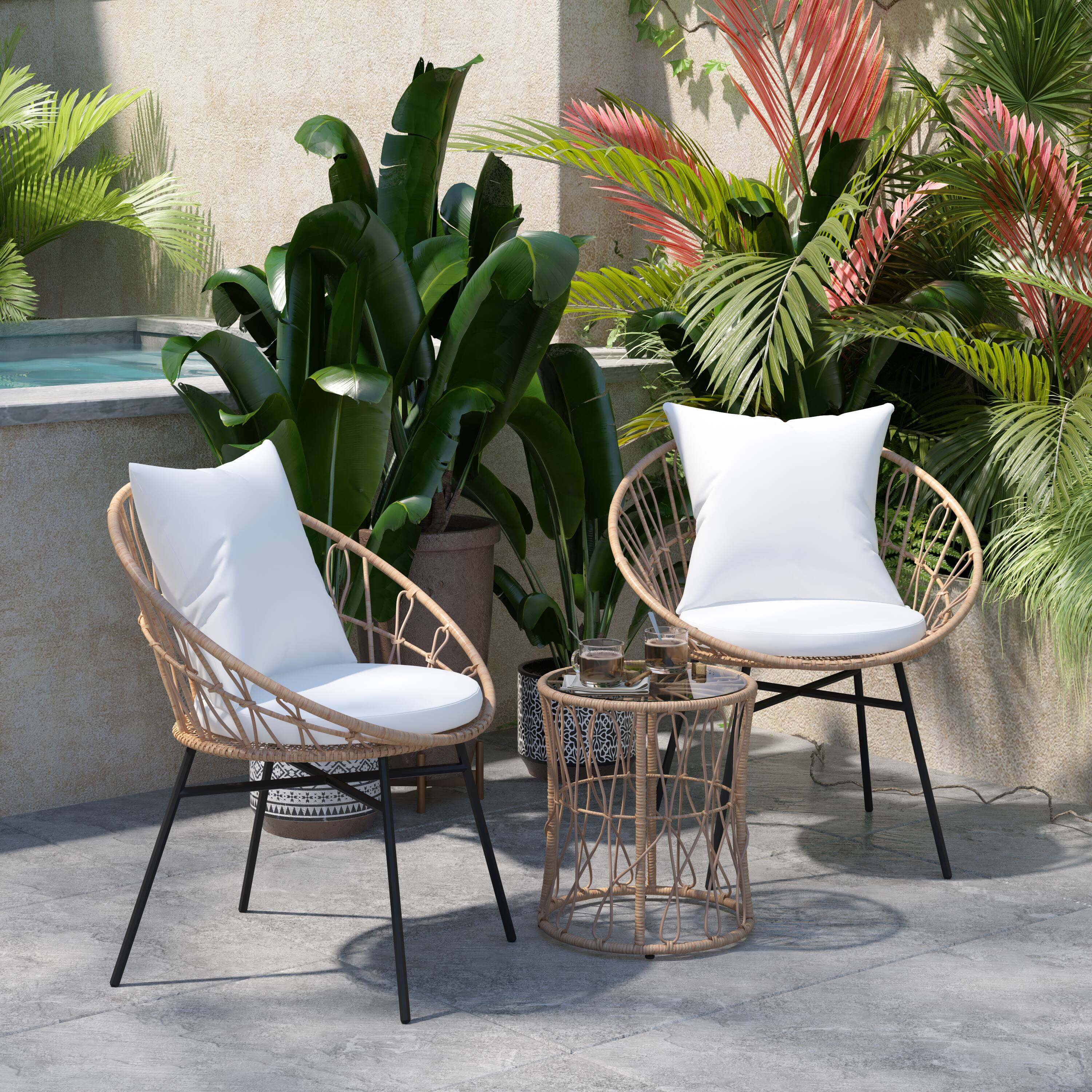 Alt View 3. Emma + Oliver - Ari 3 Piece Boho Patio Set - Faux Rattan Rope Papasan Style Chairs with Cushions and Glass Topped Side Table - Light Gray Fabric/Tan Frame.