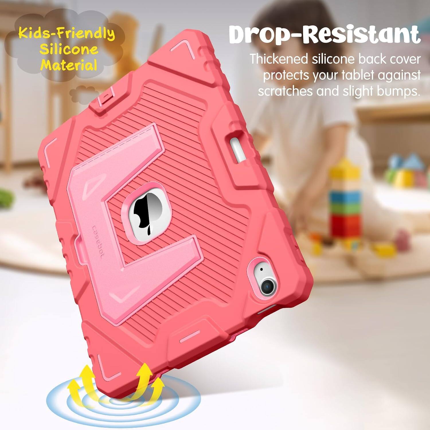 Kids-Friendly Silicone Material

Drop-Resistant

Thickened silicone back cover protects your tablet against scratches and slight bumps.