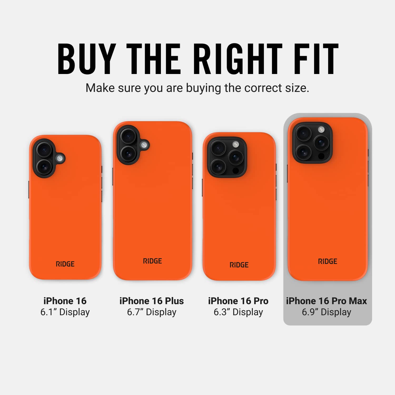 The text on the image is already grouped and correctly written. It reads:
"Buy the right fit. Make sure you are buying the correct size. Ridge iPhone 16 6.1" Display iPhone 16 Plus 6.7" Display iPhone 16 Pro 6.3" Display iPhone 16 Pro Max 6.9" Display."