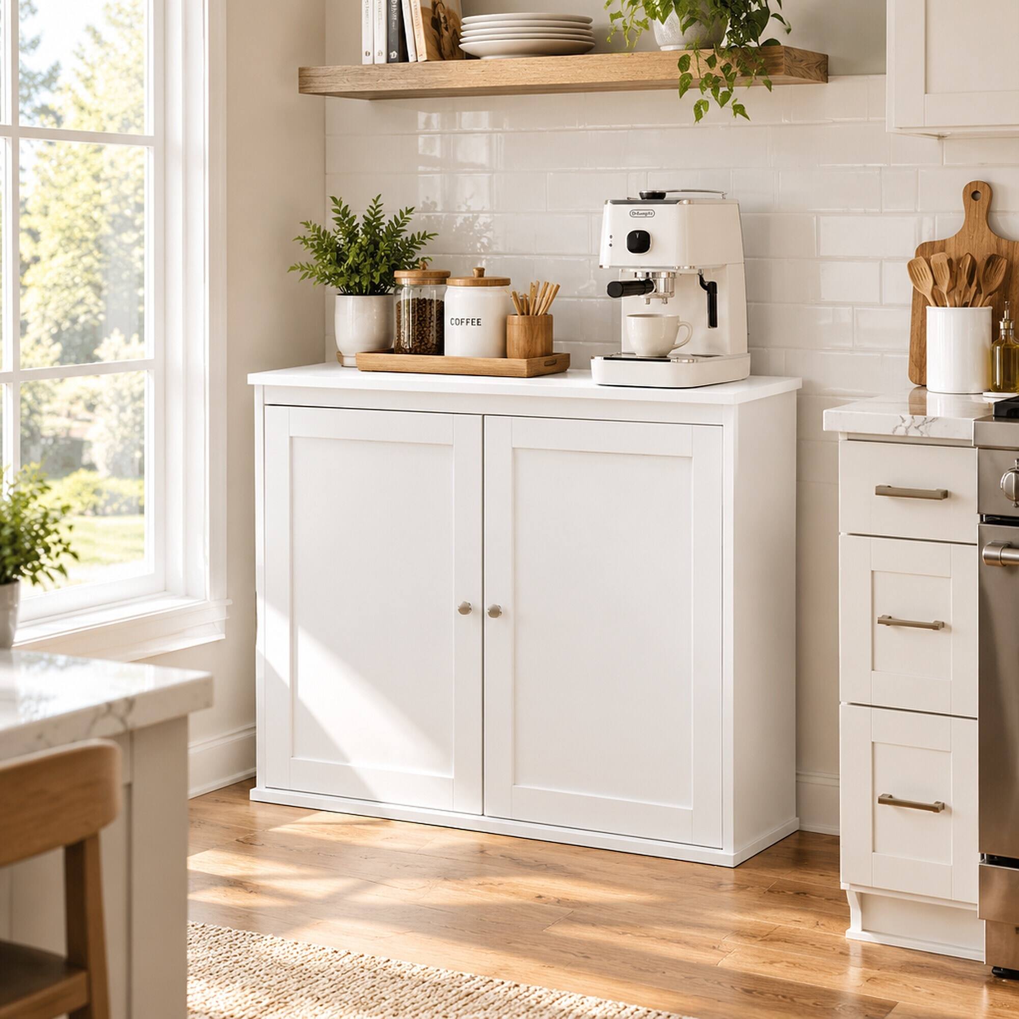 Angle. RYHNUYNE - Freestanding Kitchen Storage Cabinet with Double Doors and Adjustable Shelves, Coffee Bar Sideboard, White - White.