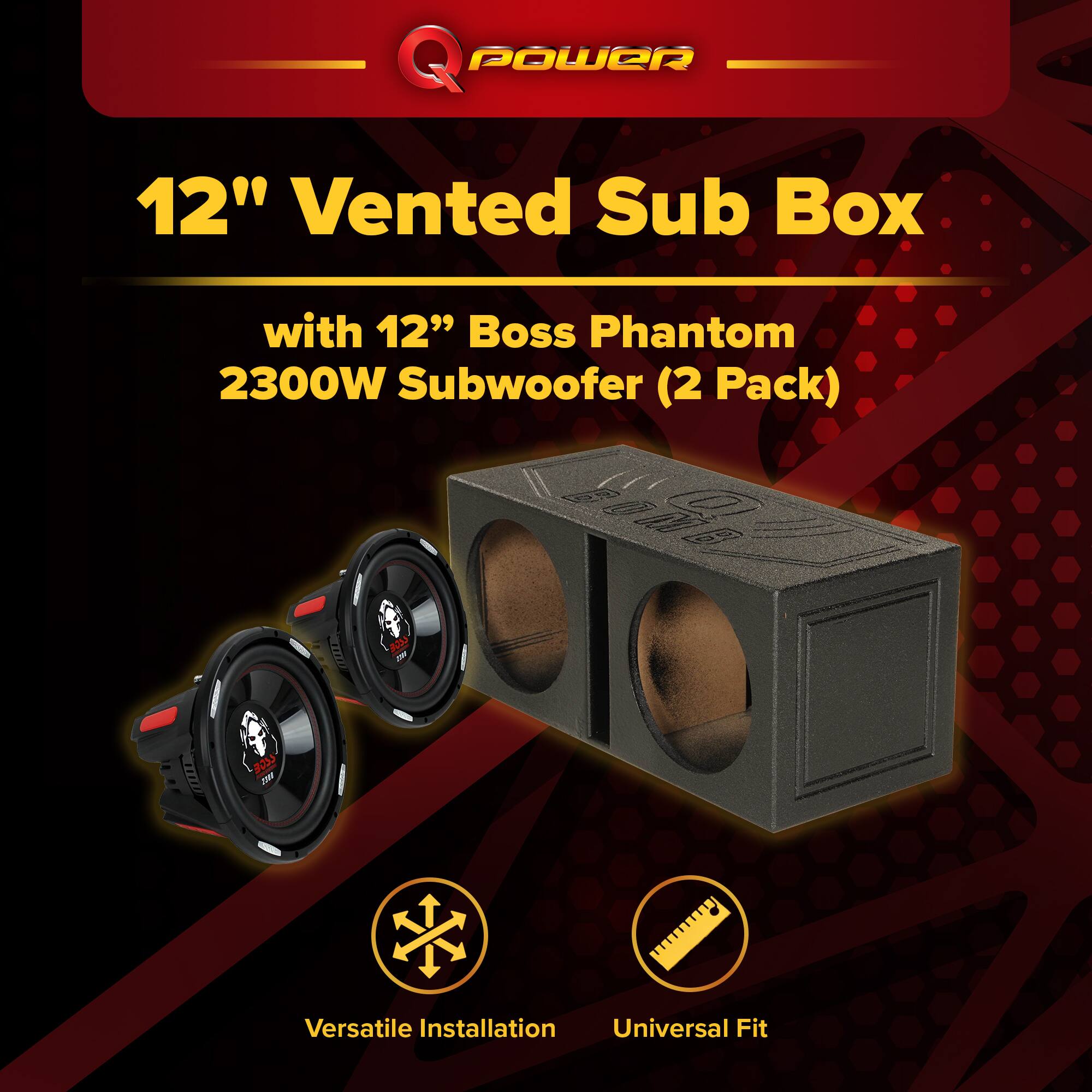 POWER 12" Vented Sub Box with 12" Boss Phantom 2300W Subwoofer (2 Pack) - Versatile Installation Universal Fit