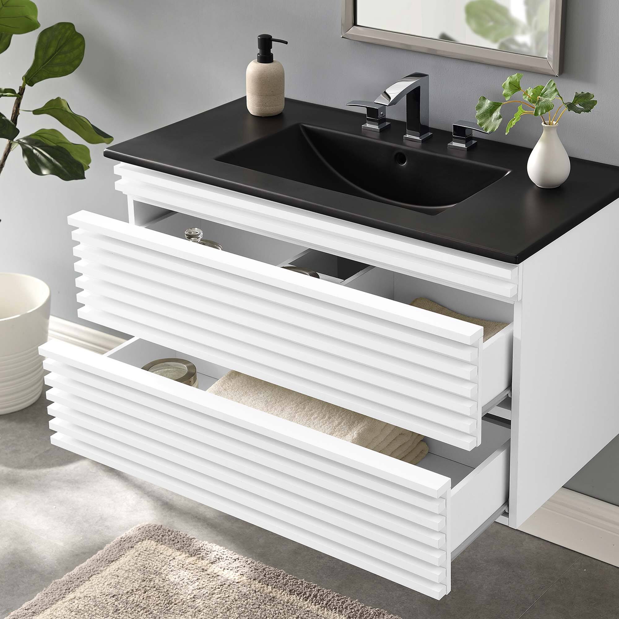 Modway Render Wall Mount Bathroom Vanity with Black Basin Included ...