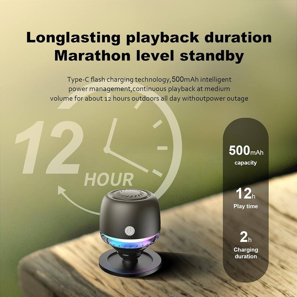 Longlasting playback duration  
Marathon level standby  

Type-C flash charging technology, 500mAh intelligent power management, continuous playback at medium volume for about 12 hours outdoors all day without power outage  

12 HOUR  

500mAh capacity  
12h Play time  
2h Charging duration