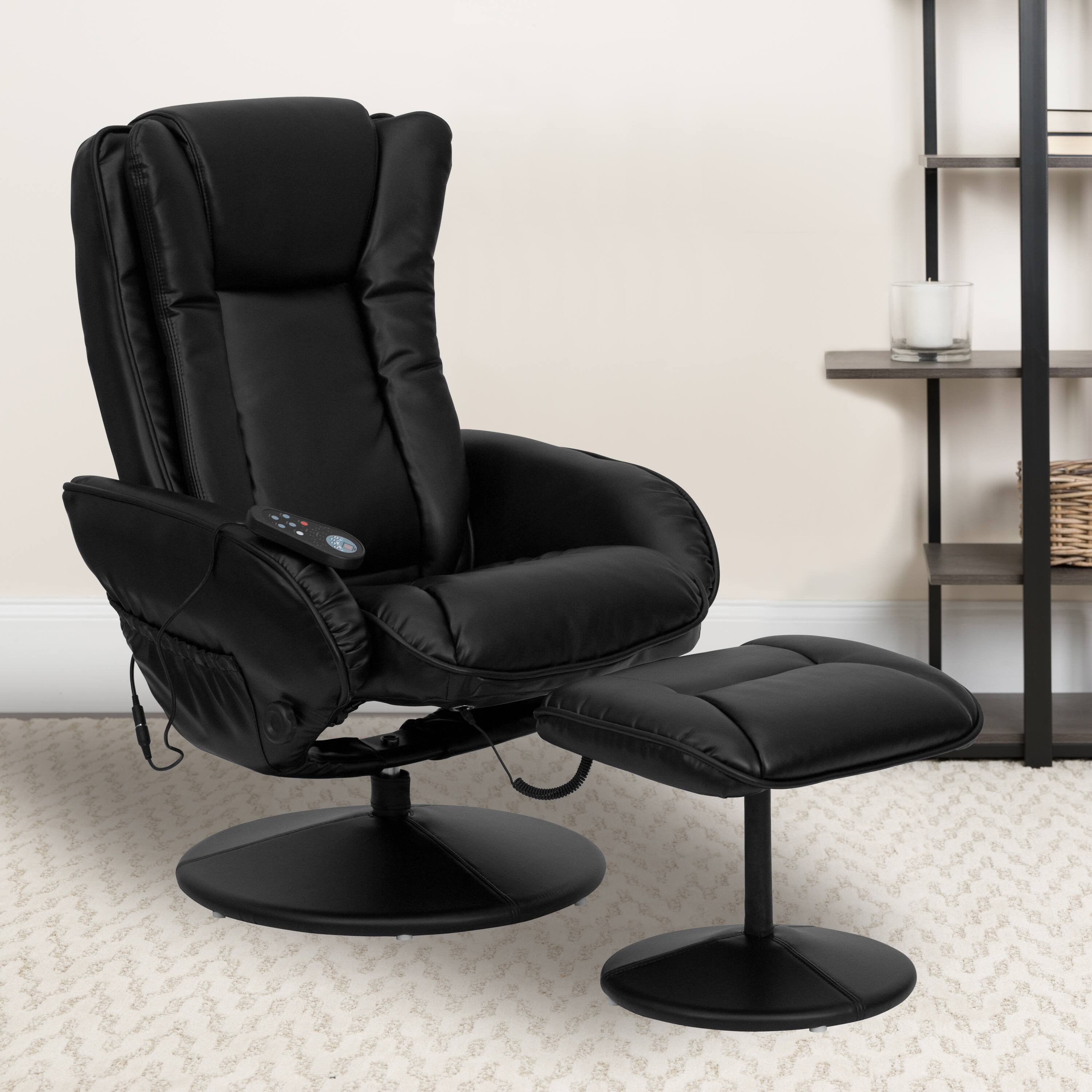 Alt View 1. Emma + Oliver - Massaging Multi-Position Plush Recliner with Side Pocket and Ottoman - Black.