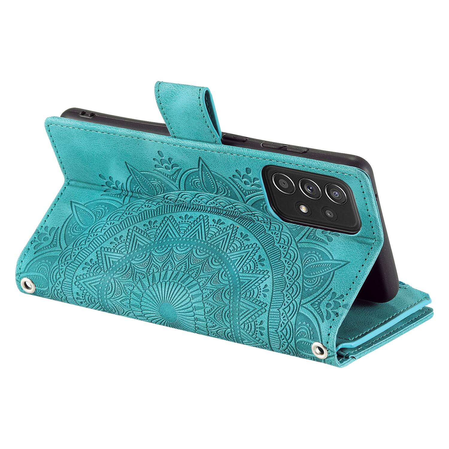Back. Dteck - Wallet Case for Samsung Galaxy A17 5G Zipper Pocket Flowers PU Leather Flip Stand Cover With Crossbody+Wrist Strap - Green.