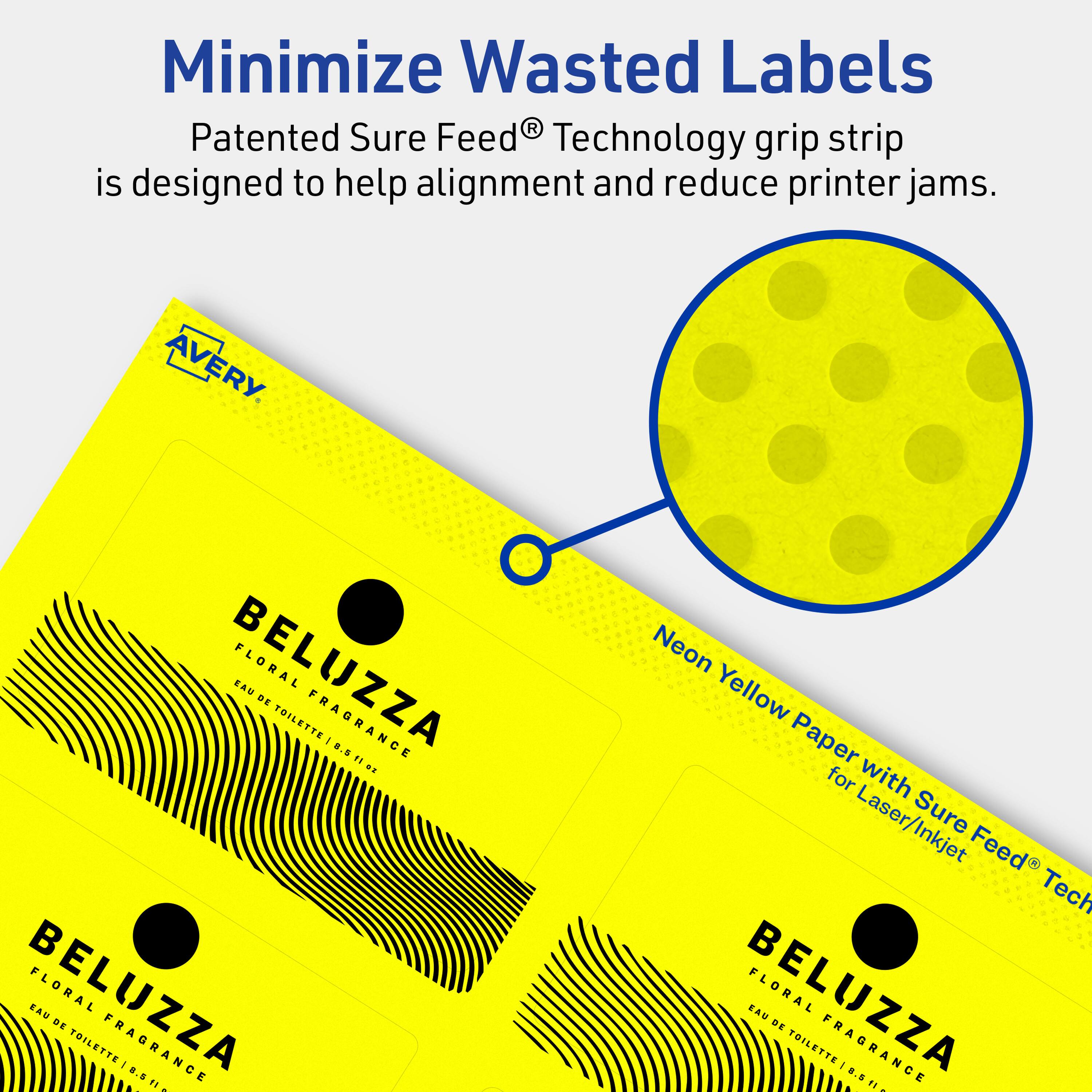 Minimize Wasted Labels

Patented Sure Feed® Technology grip strip is designed to help alignment and reduce printer jams.

AVERY

BELUZZA FLORAL EAU DE TOILETTE FRAGRANCE 1.0 FL OZ

Neon Yellow Paper for Laser/Inkjet with Sure Feed® Technology