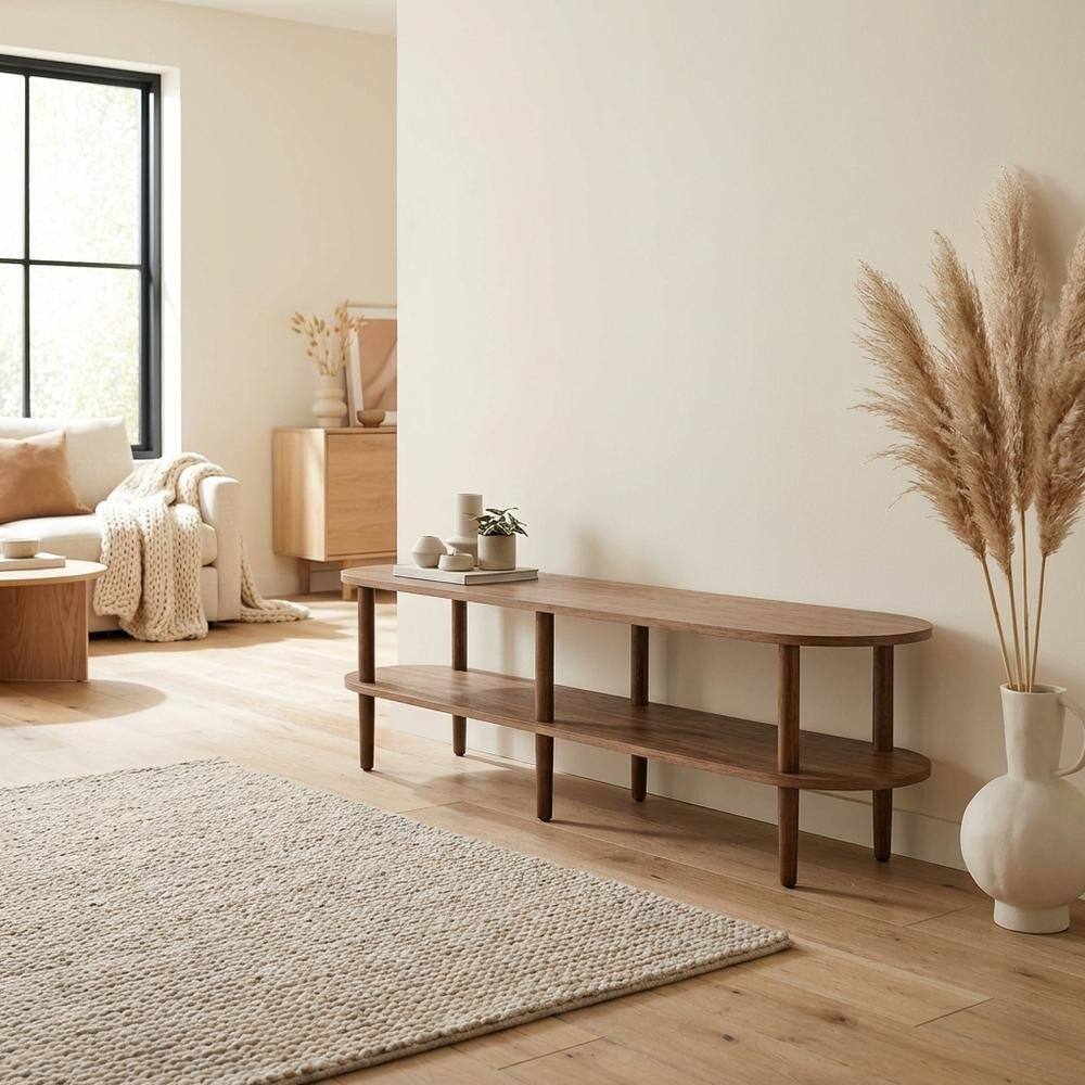 Left. FurniFact - Brown wood TV stand with oval design, solid mango construction for durability - Brown.