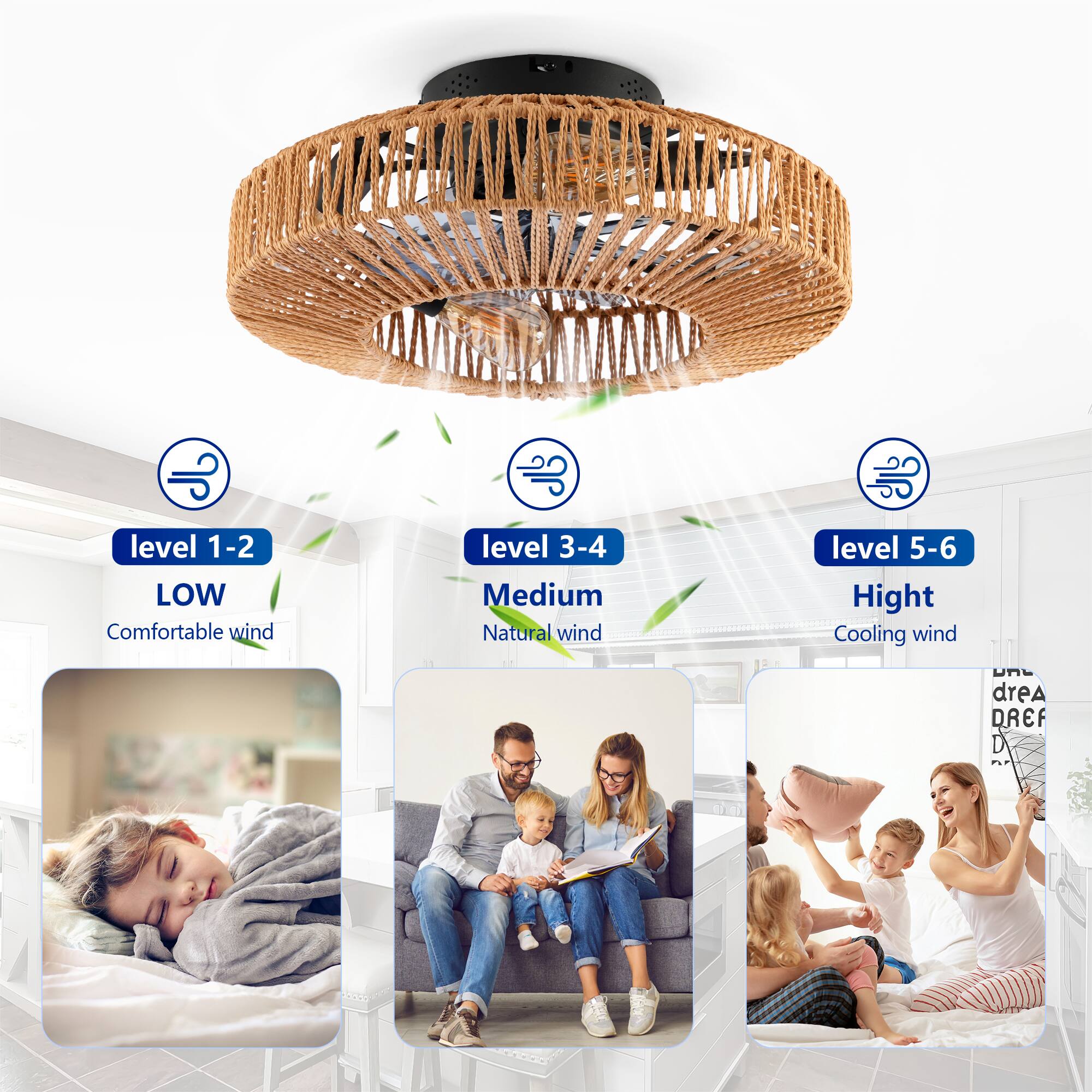 - Level 1-2: LOW - Comfortable wind
- Level 3-4: Medium - Natural wind
- Level 5-6: High - Cooling wind