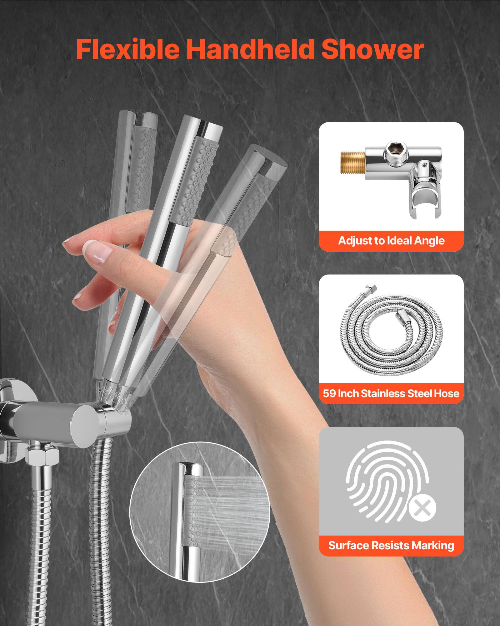 Flexible Handheld Shower, Adjust to Ideal Angle, 59 Inch Stainless Steel Hose, Surface Resists Marking
