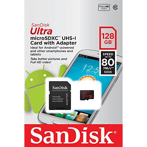 FULL HD VIDEO 10 SanDisk Ultra microSDXC UHS-I 128 GB Card with Adapter Ideal for Android-powered and other smartphones and tablets SPEED UP TO 4GLTE 80 MB/s* 533X Take better pictures and Full HD video SanDisk microSDXC microSDHC ADAPTER