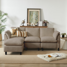 Electra Tech Xpress - Modern L-Shaped Chenille Upholstered Sectional Couch for Living Room, 3 Seater Cloud Sofa with Ottoman - Camel