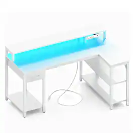 AENKYO - 47" L-Shaped Gaming Desk Computer Desk with Power Outlets, LED Lighting and Monitor Stand - White