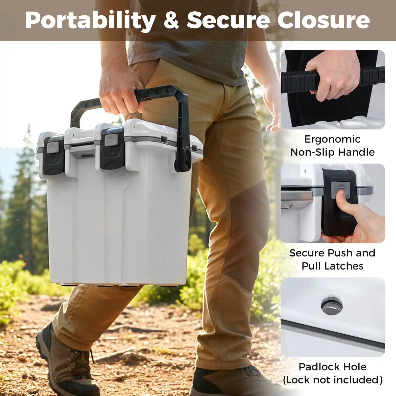 Portability & Secure Closure  
Ergonomic Non-Slip Handle  
Secure Push and Pull Latches  
Padlock Hole (Lock not included)