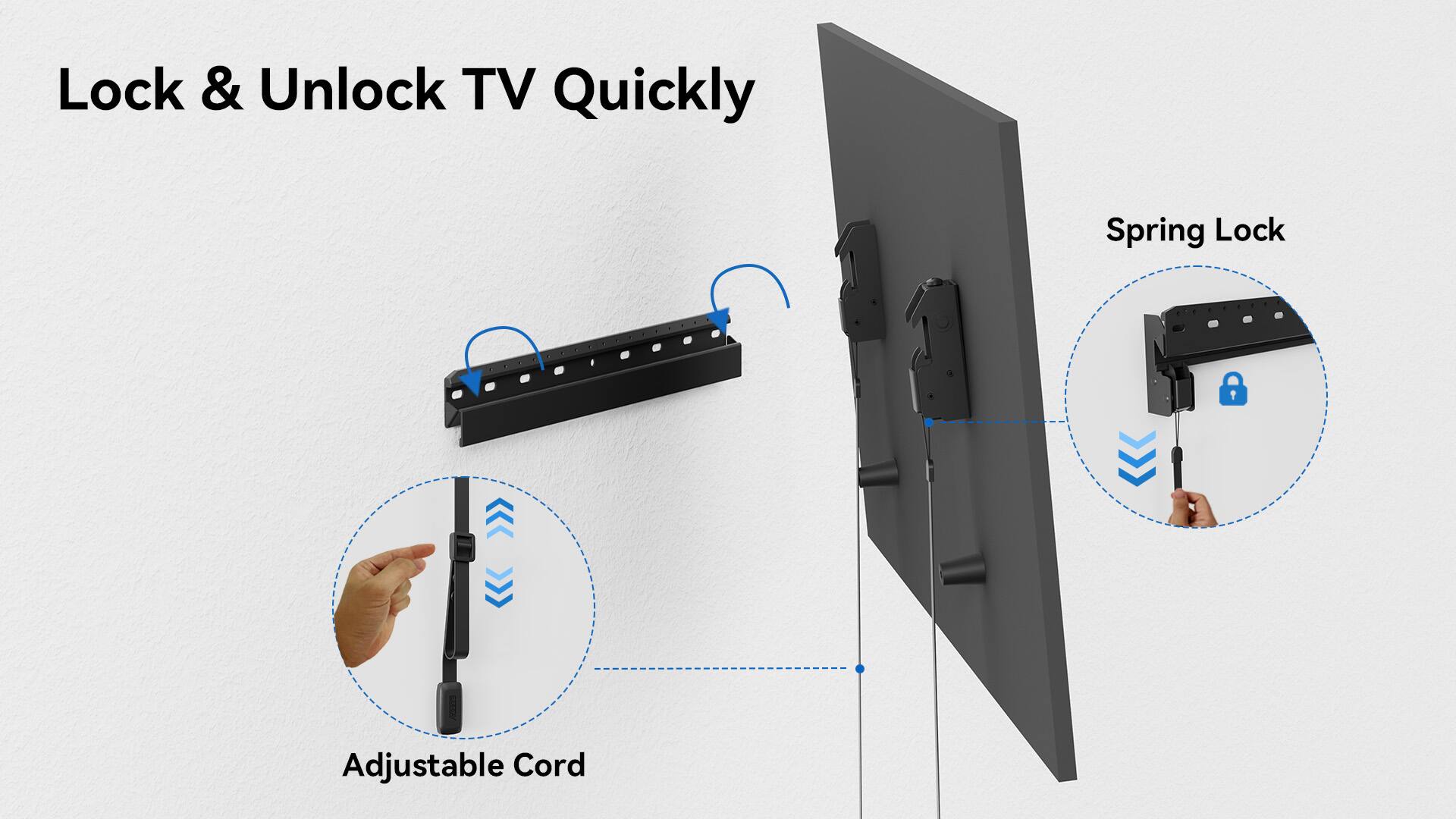 Lock & Unlock TV Quickly with Spring Lock Adjustable Cord.