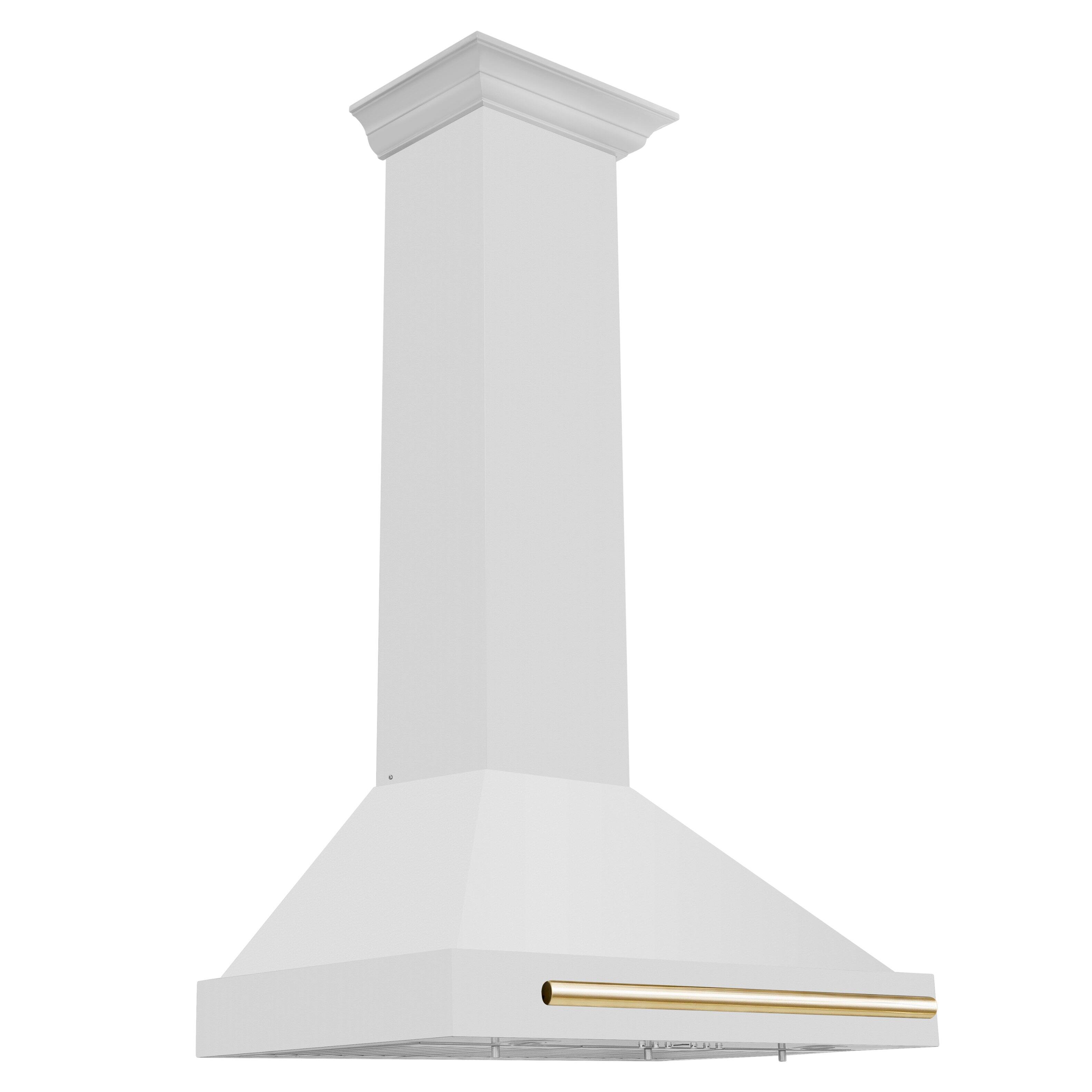 Left. ZLINE - 30 in. Autograph Edition Convertible Stainless Steel Range Hood with Stainless Steel Shell and Polished Gold Accents - Stainless steel.