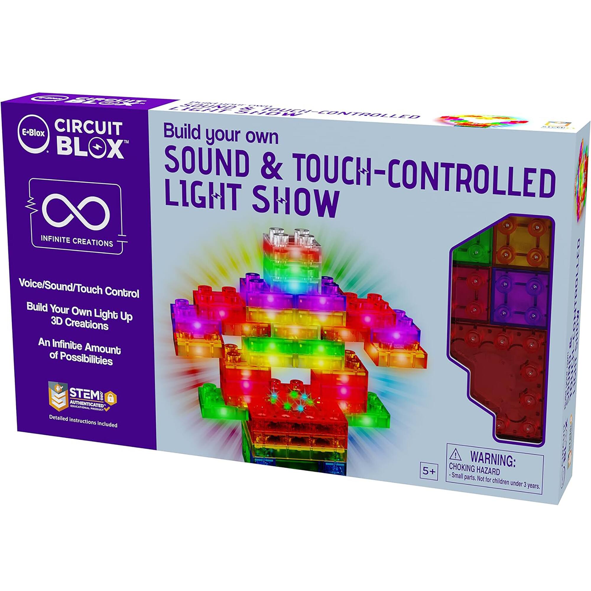 Circuit Build Your Own Sound & Touch-Controlled Light Show. Infinite Creations. Voice/Sound/Touch Control. Build Your Own 3D Light Up Creations. An Infinite Amount of Possibilities. STEM Authenticity. Detailed Instructions Included. Choking Warning: 5+ Small HAZARD parts. Not for children under 3 years.