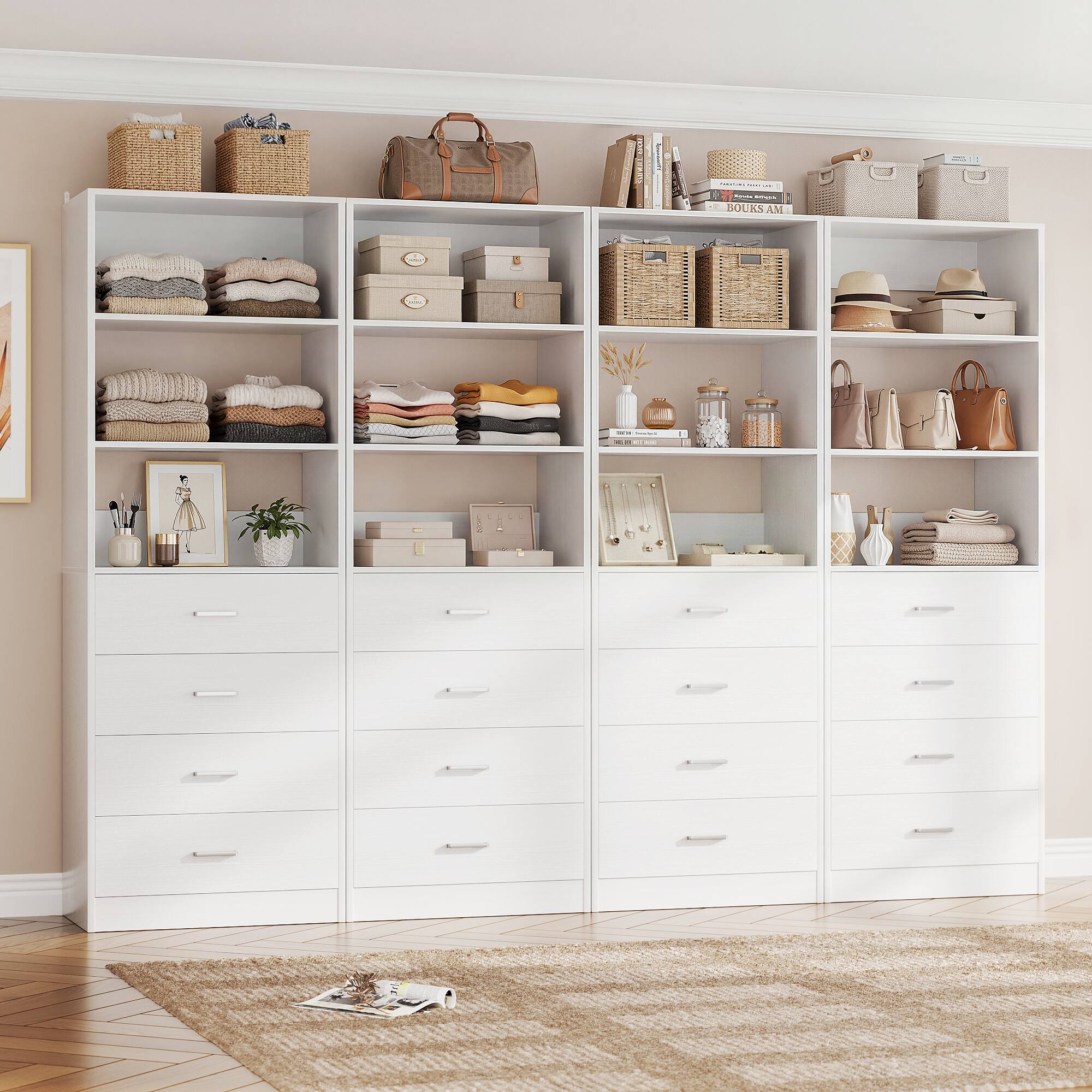 Alt View 2. Aheaplus - 7.1FT Freestanding Closet Organizer System 4-Piece Set, with 12 Wooden Drawers and 8 Shelves, Easy Assembly - White.