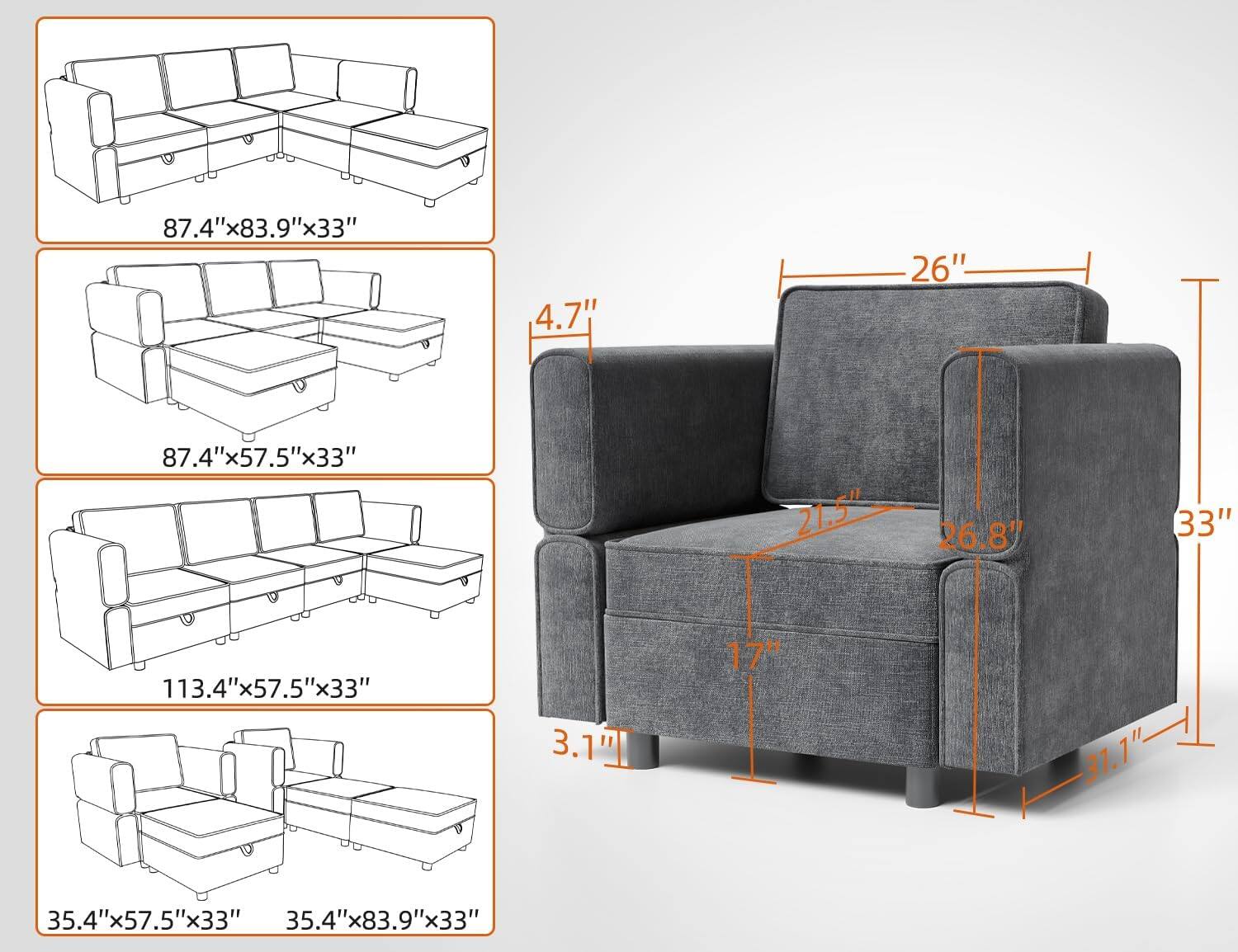 87.4"x83.9"x33"  
4.7"  
26"  
87.4"x57.5"x33"  
21.5"  
26.8"  
33"  
113.4"x57.5"x33"  
3.1"  
17"  
31.1"  
35.4"x57.5"x33"  
35.4"x83.9"x33"