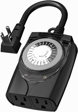 HBN - Outdoor Timer Outlet, Waterproof 24H Mechanical, 2 Grounded Outlets, 15A Heavy Duty, Weatherproof - Black