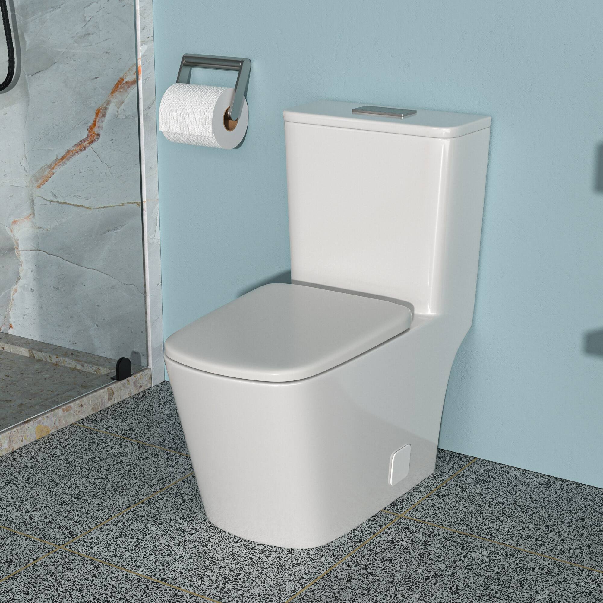 Left. TinyHomie - Ceramic One Piece Toilet Dual Flush with Soft Closing Seat - White.