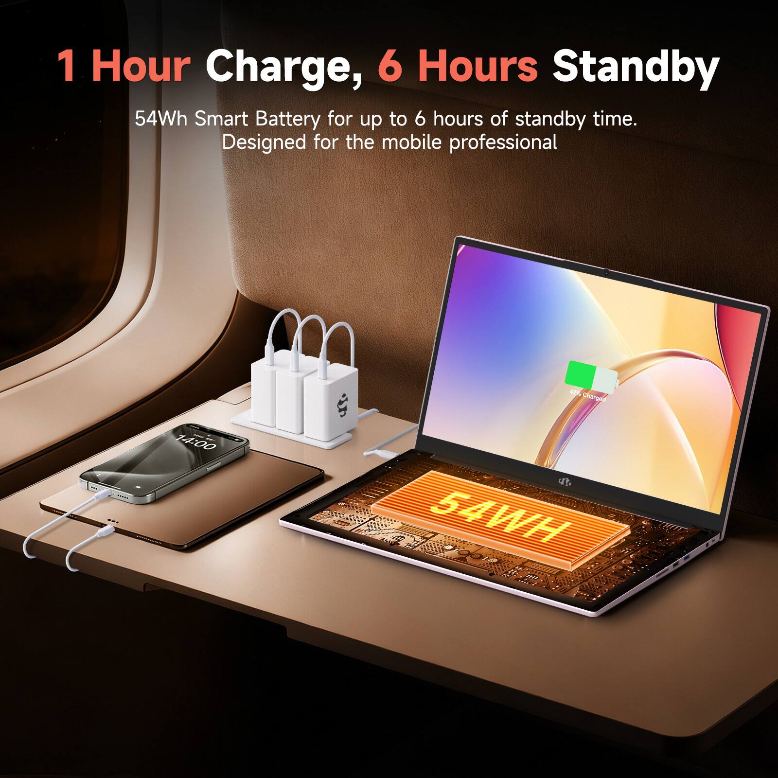 1 Hour Charge, 6 Hours Standby

54Wh Smart Battery for up to 6 hours of standby time.  
Designed for the mobile professional