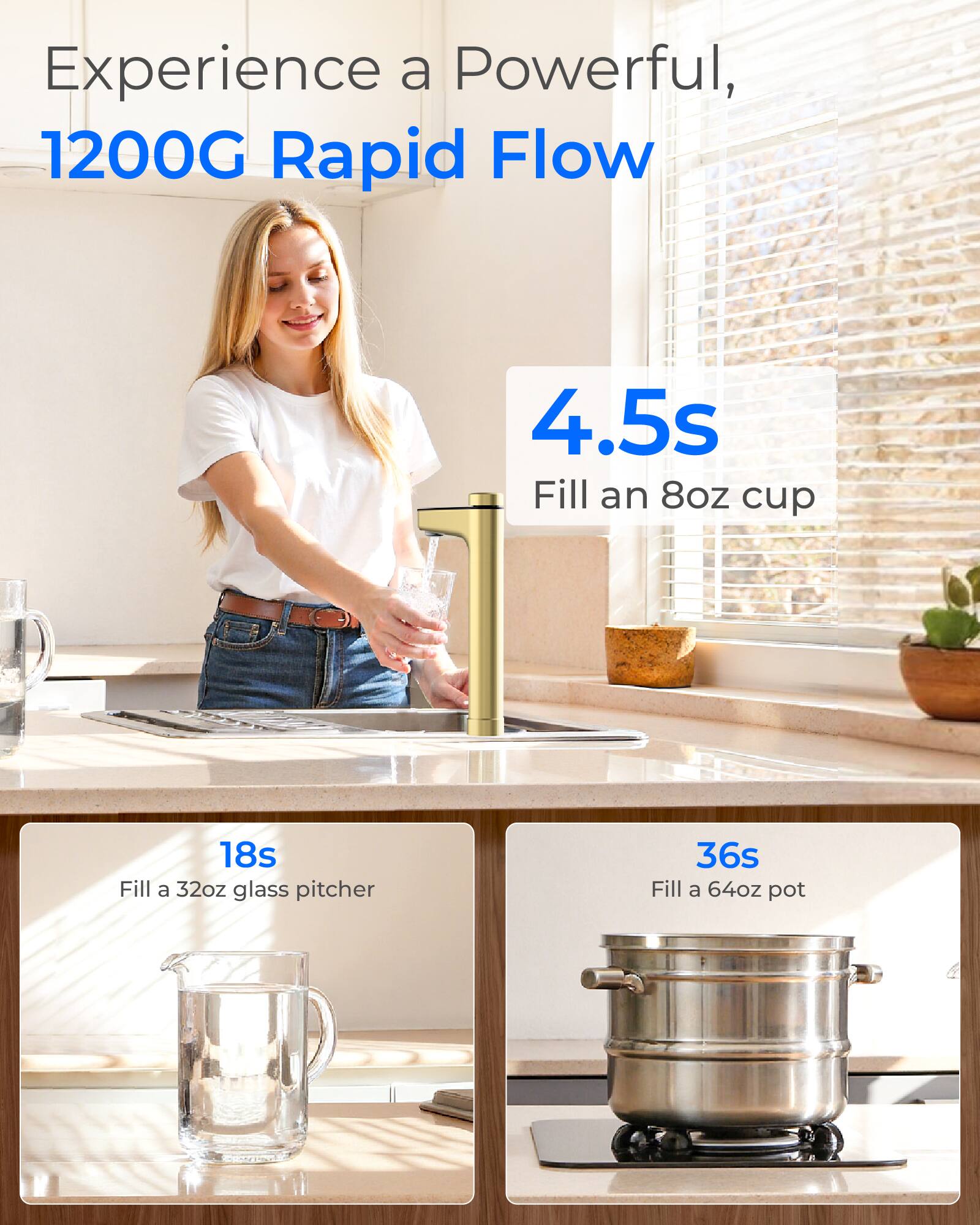 Experience a Powerful, 1200G Rapid Flow

- 4.5s Fill an 8oz cup
- 18s Fill a 32oz glass pitcher
- 36s Fill a 64oz pot