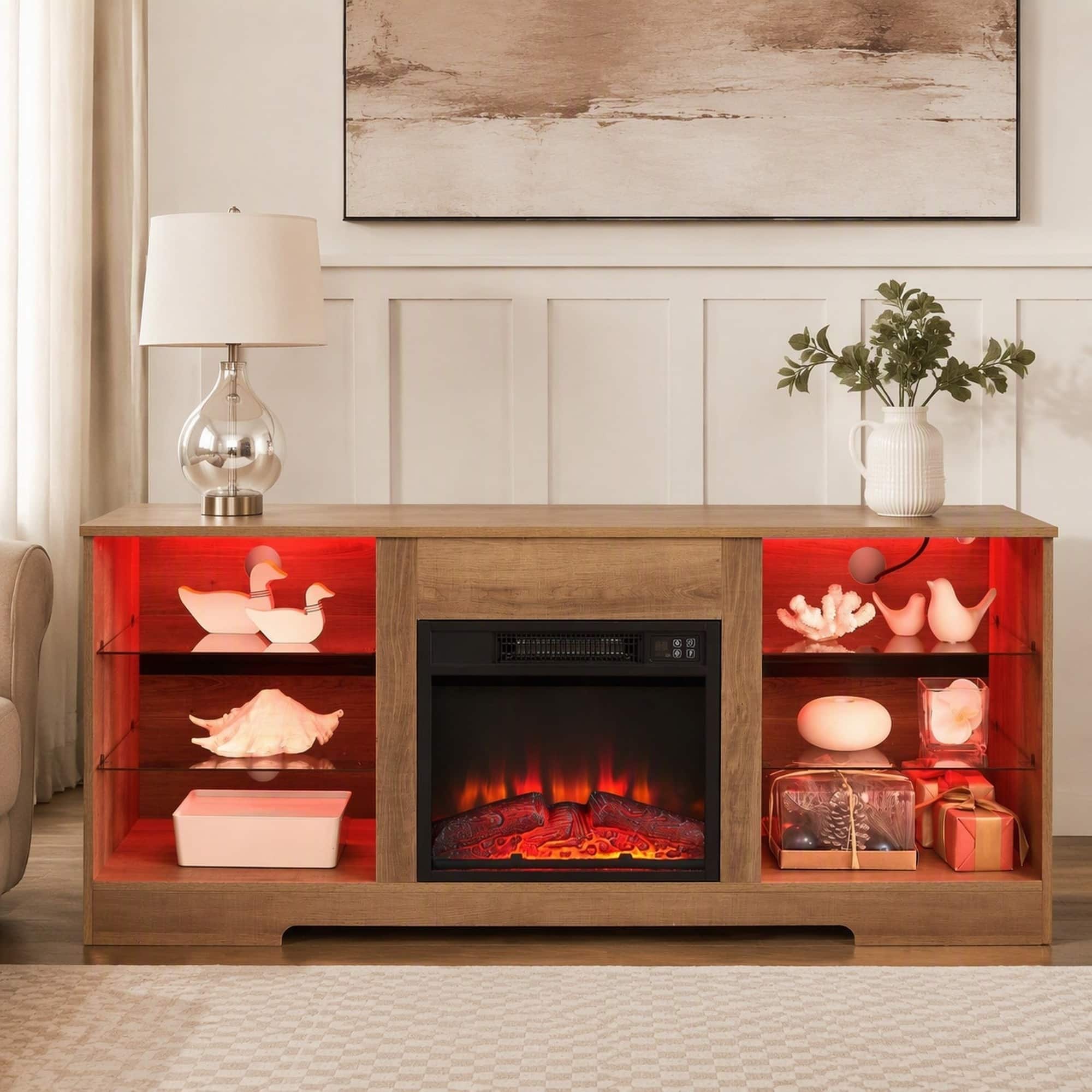 "RYHNUYNE - 58"" TV Stand with 18"" Electric Fireplace, LED Color-Changing Flame, Glass Shelves, Wood Cabinet, USB & Outlets - White" price history on PriceWatchPro