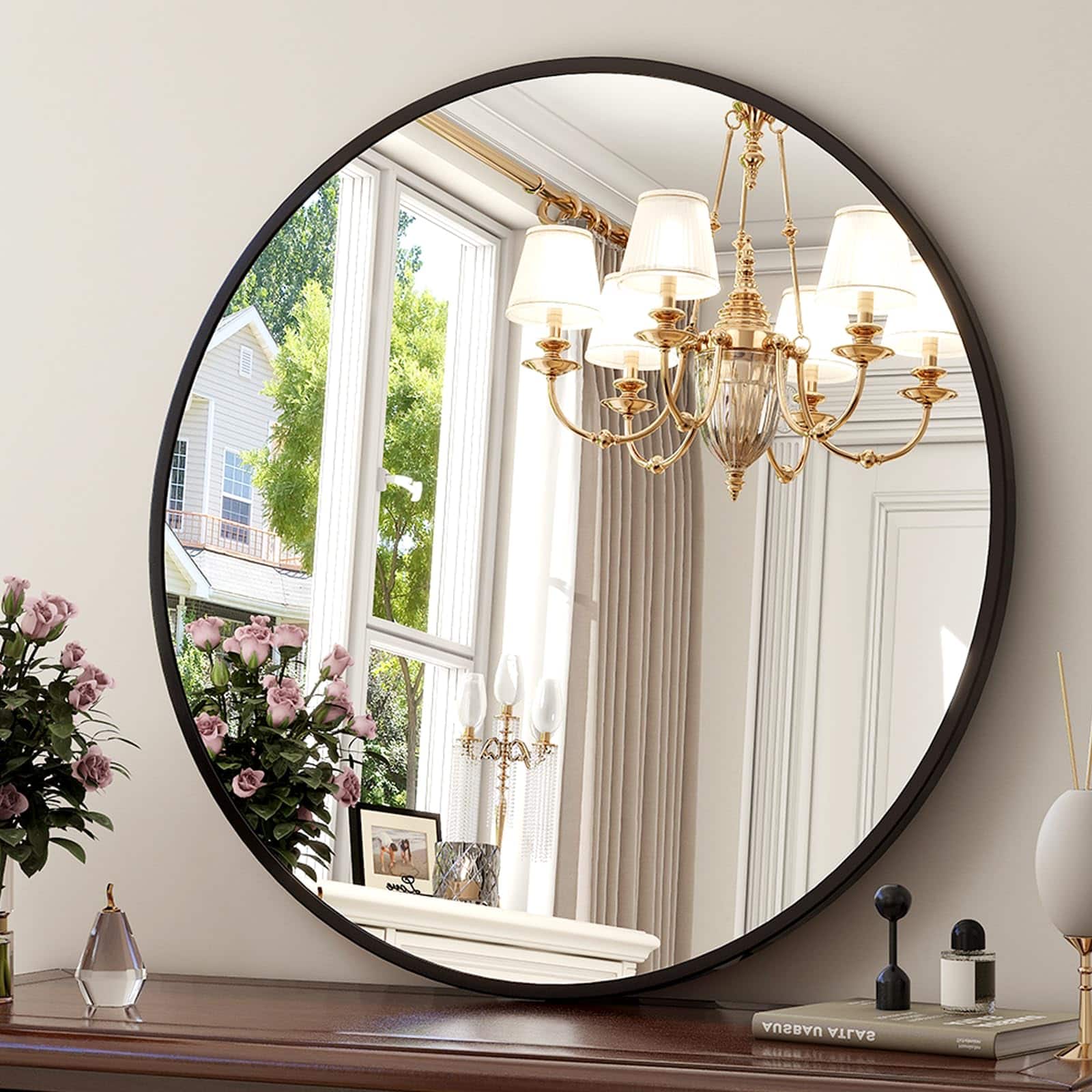 Empire DigiLabs - Round Mirror Circle Mirrors For Bathroom Entryway And Living Room Wall Decor Modern Hanging Vanity Matte De - Round-black 30"L x 30"W