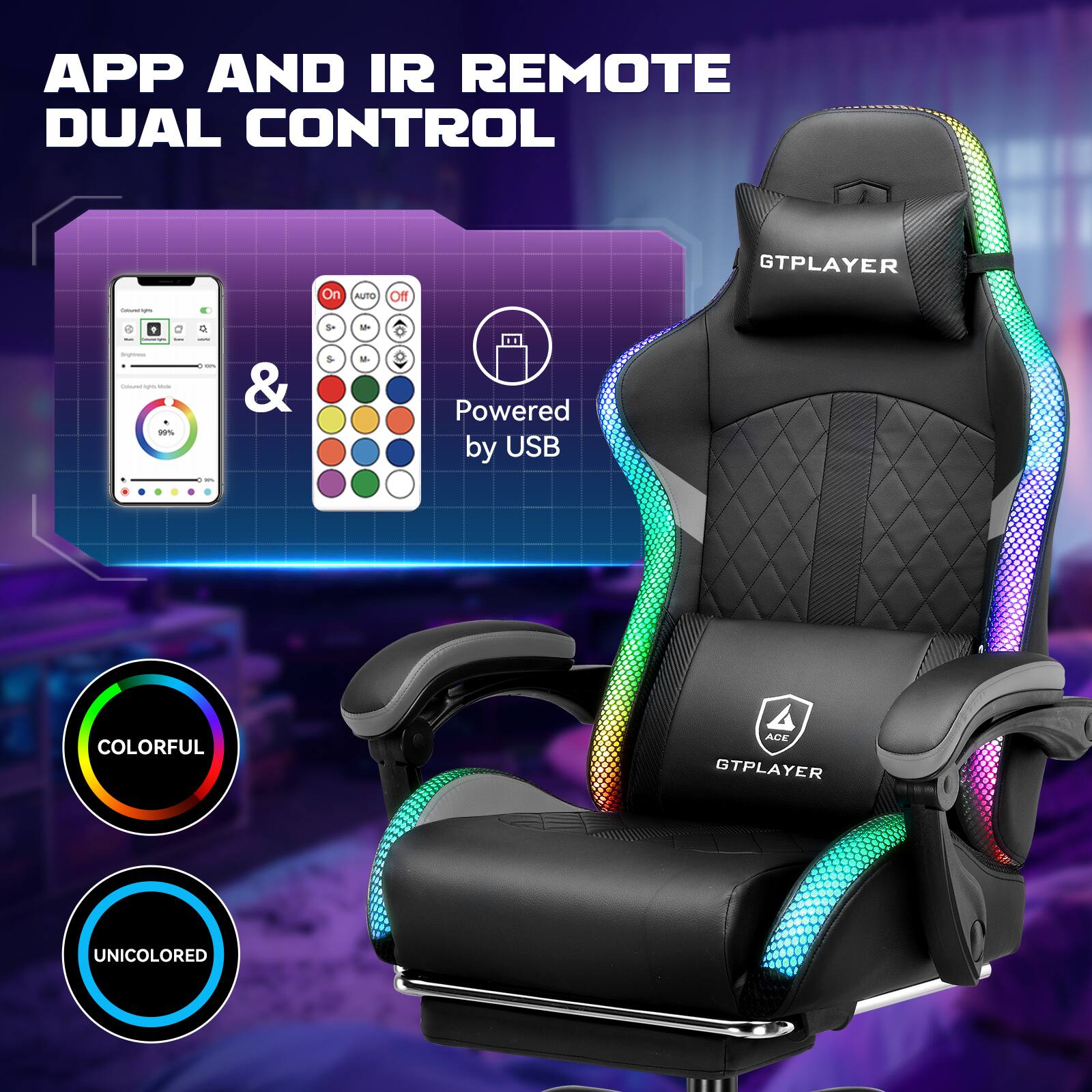 APP AND IR REMOTE DUAL CONTROL

&

Powered by USB

COLORFUL ACE

UNICOLored

GTPLAYER