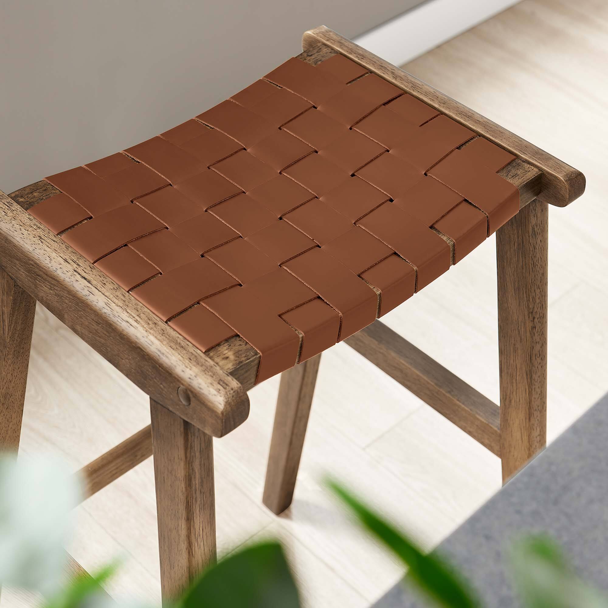 Alt View 2. Modway - Saoirse Leather Wood Bar Stool Set of 2 by Modway - Walnut Brown.