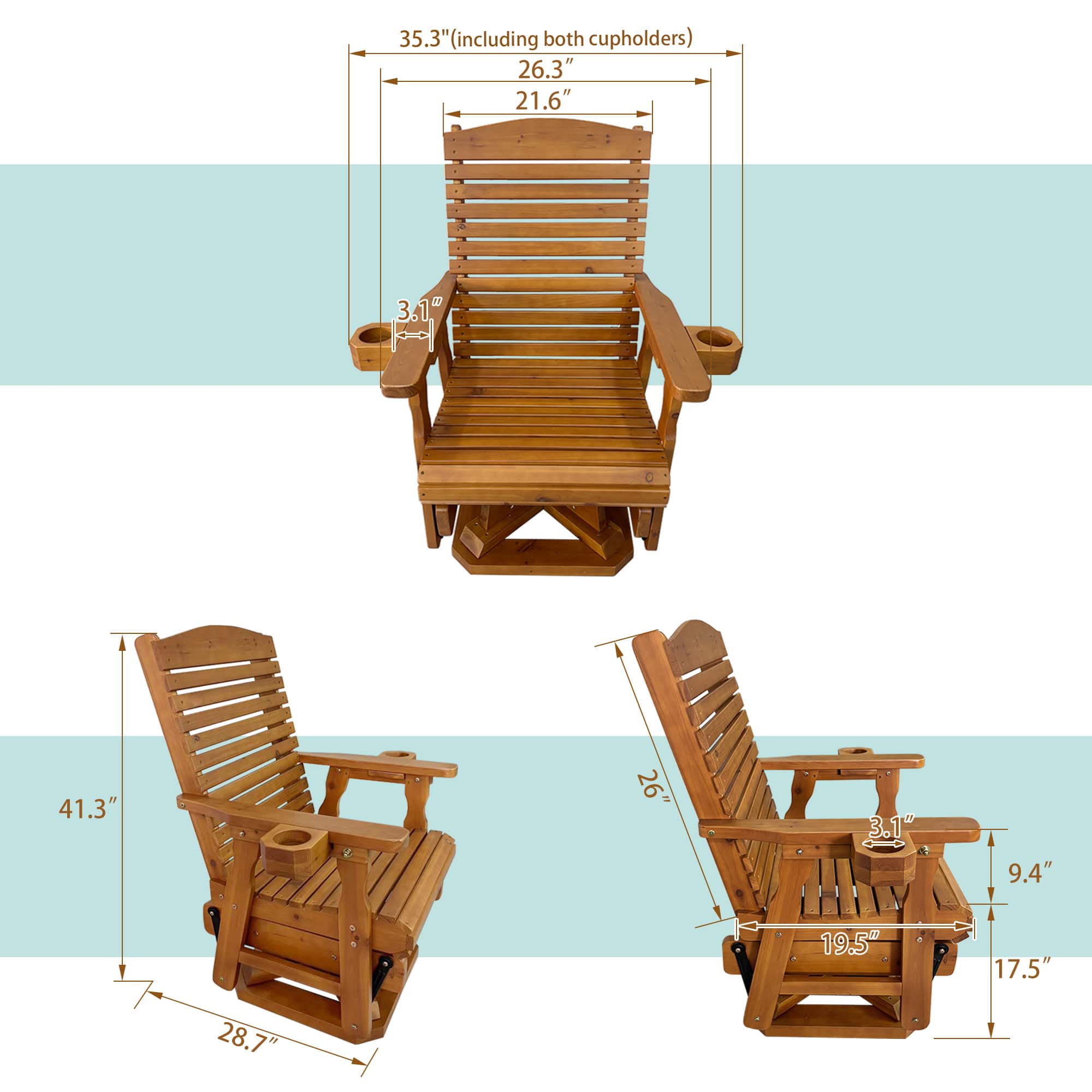 Fortune Candy Wooden Swivel Glider Chair, 360° Patio Rocker, Solid