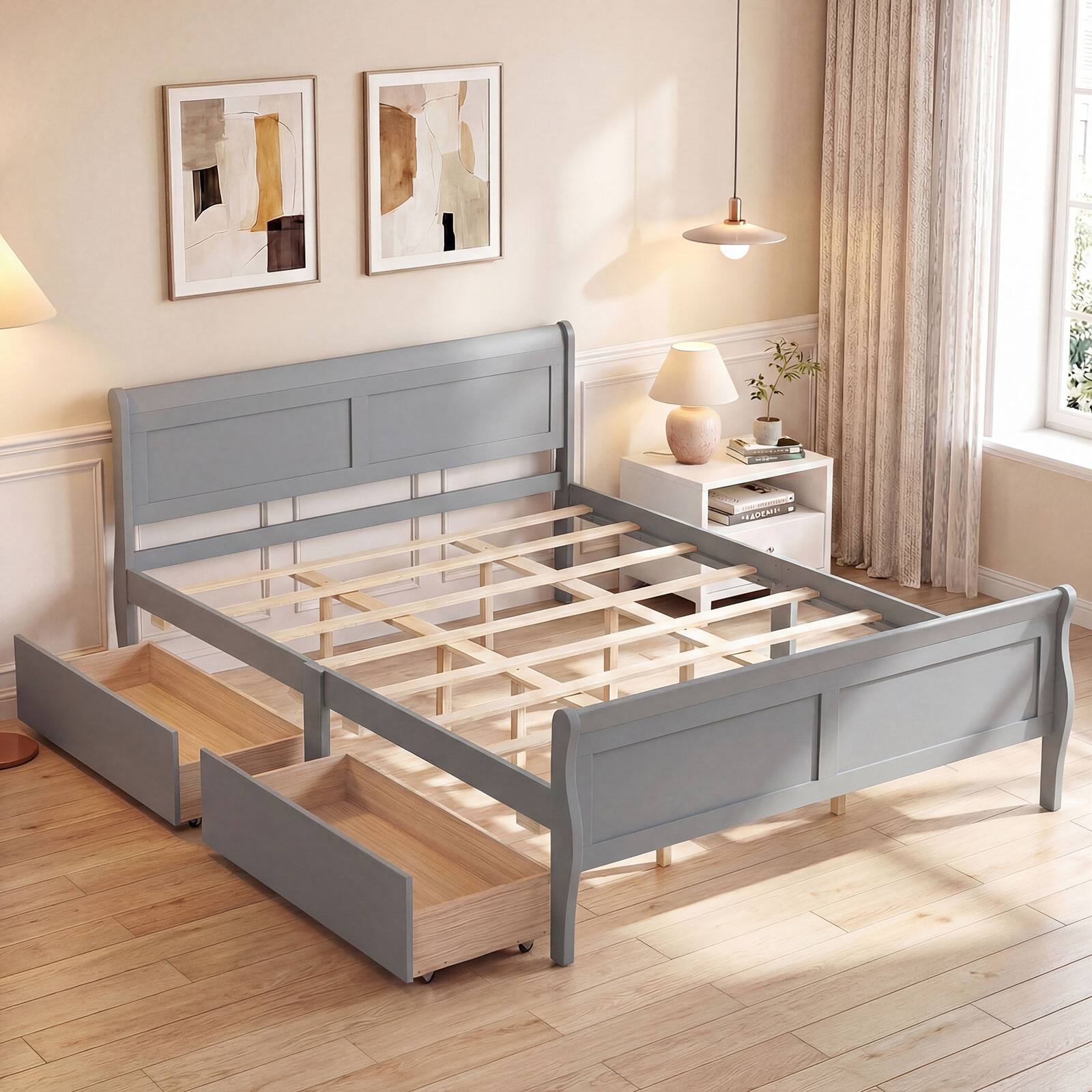 Alt View 5. Costway - Costway Queen Size Bed Frame with Storage Drawers, Wood Platform Bed with Headboard Footboard - Gray.